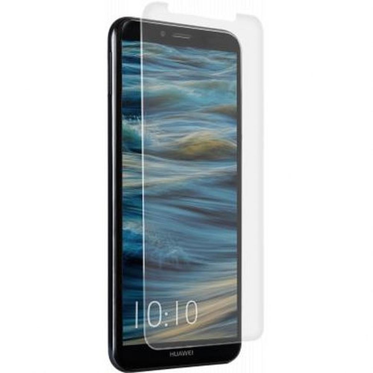Uno smartphone nero con protezione schermo, che mostra uno sfondo blu ondulato. L'ora 10:10 e il logo Huawei sono visibili.