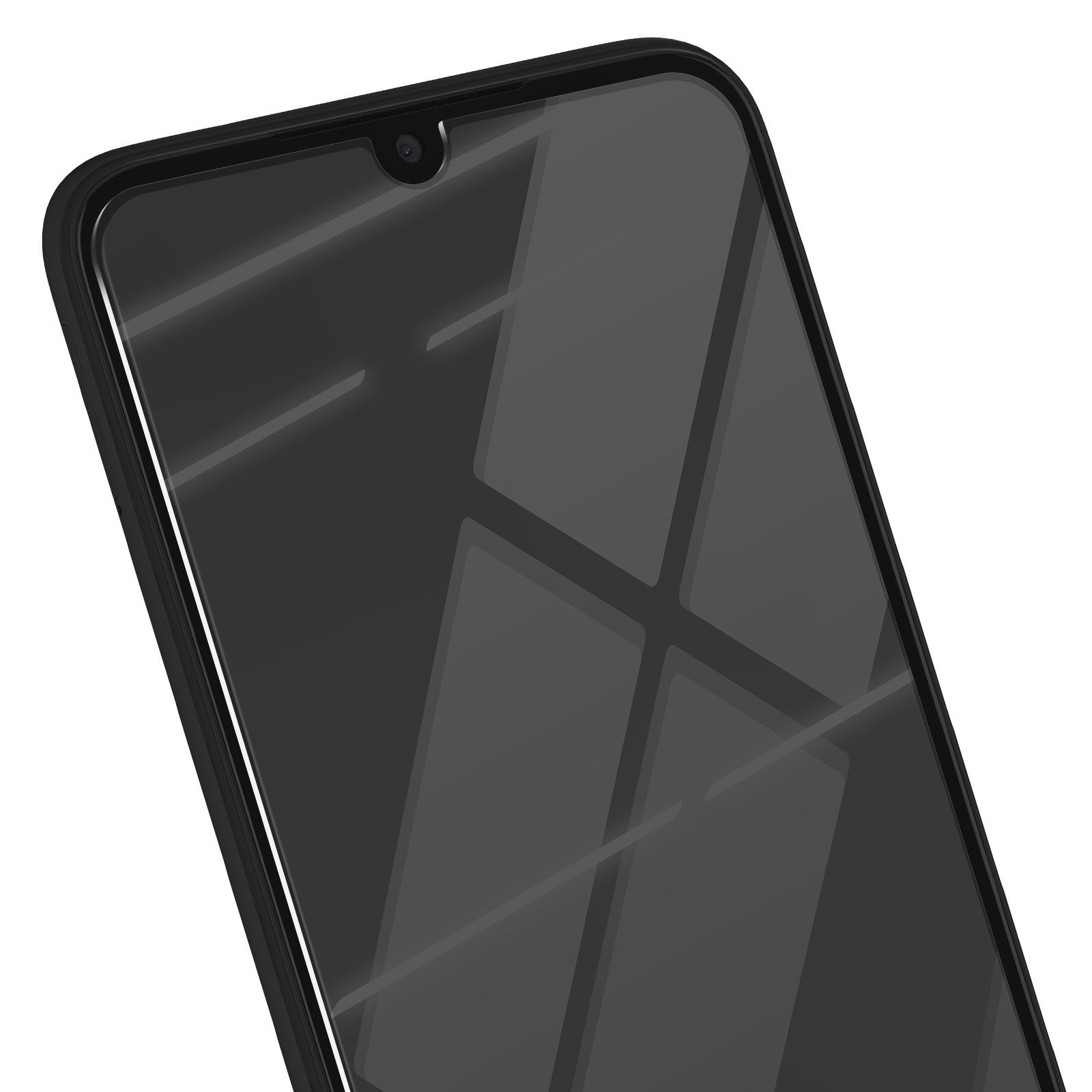 Primo piano di uno smartphone nero. Lo schermo è acceso e riflette la luce. Il telefono ha una fotocamera frontale.