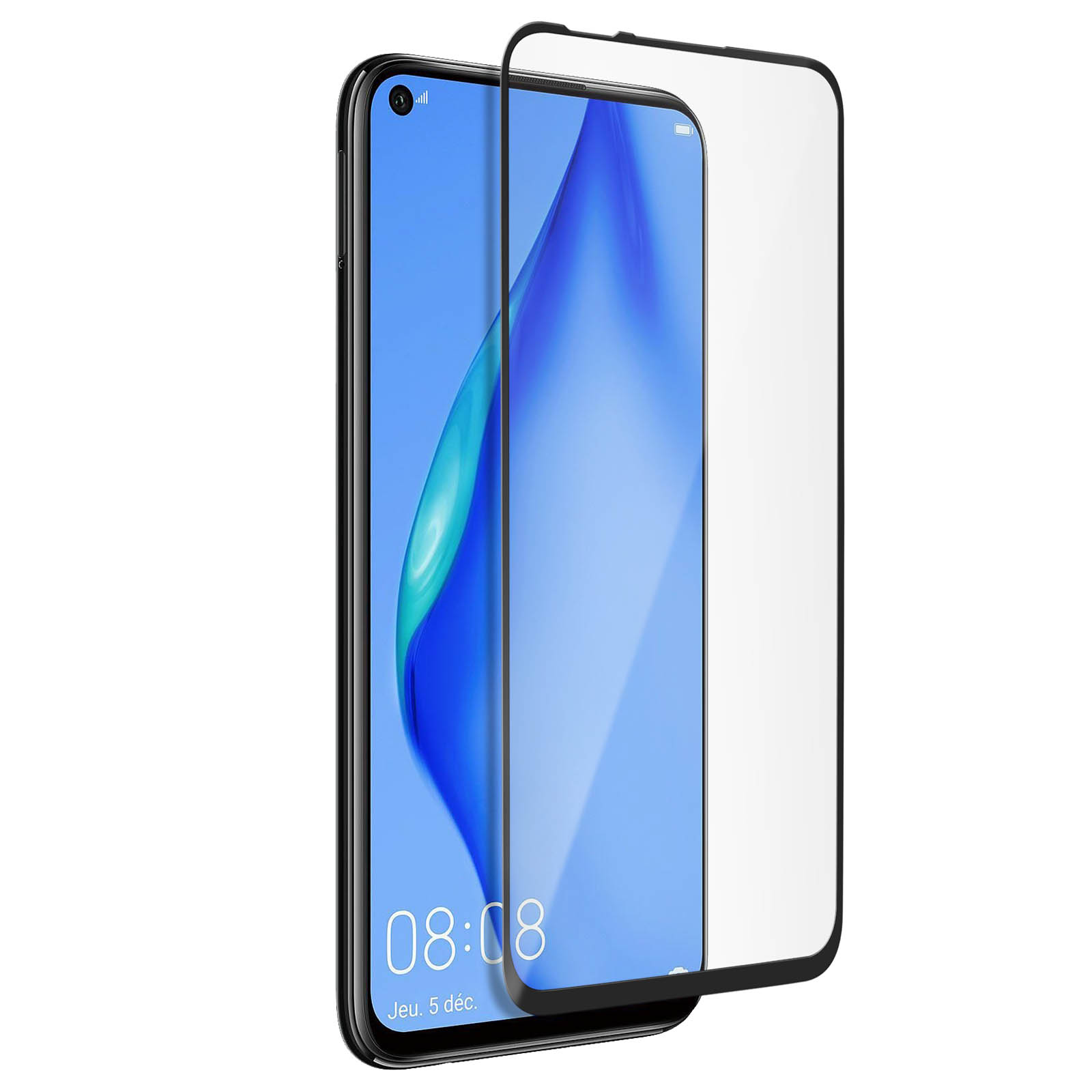 Uno smartphone con protezione schermo. Il telefono mostra l'ora. Una cornice nera attorno alla protezione schermo e al telefono.