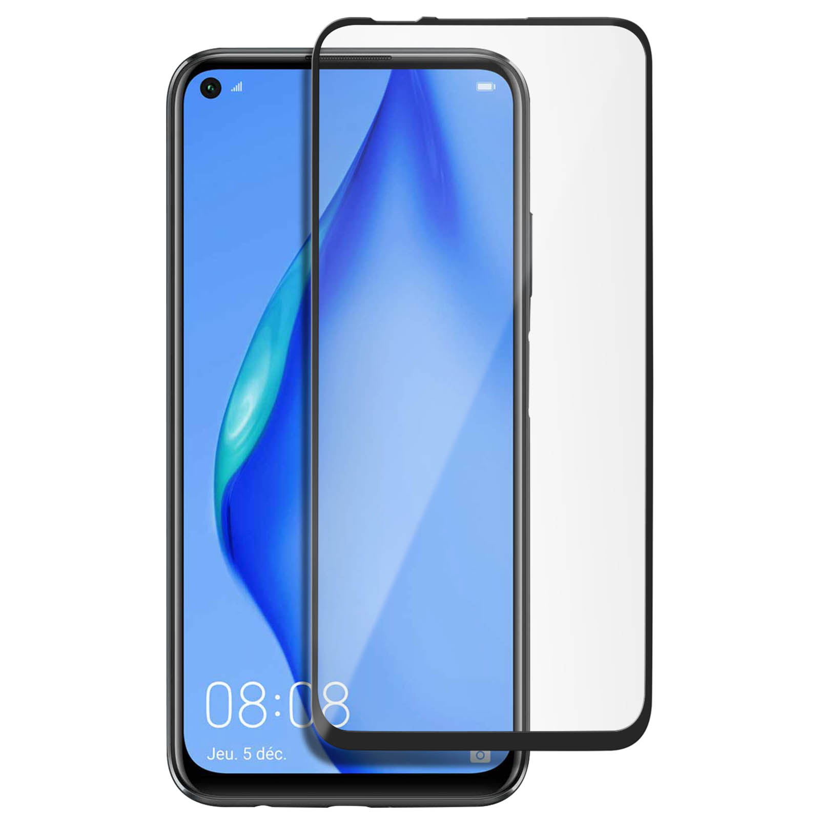 Uno smartphone con una protezione per lo schermo applicata. Il telefono mostra l'ora. La protezione è trasparente.