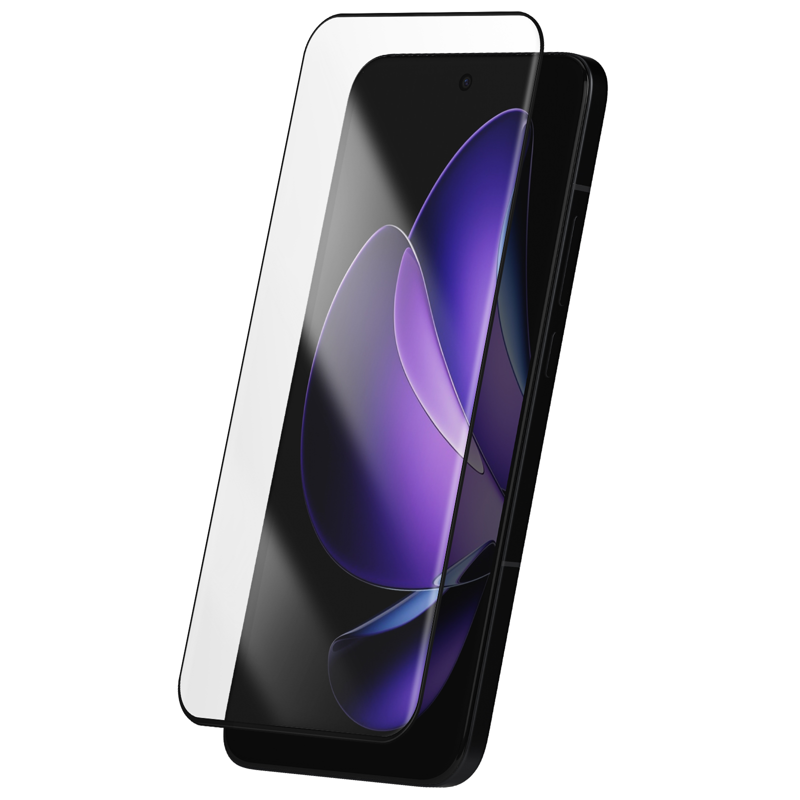 Uno smartphone con una protezione per lo schermo applicata, su sfondo bianco. Il telefono è nero con display viola e blu.