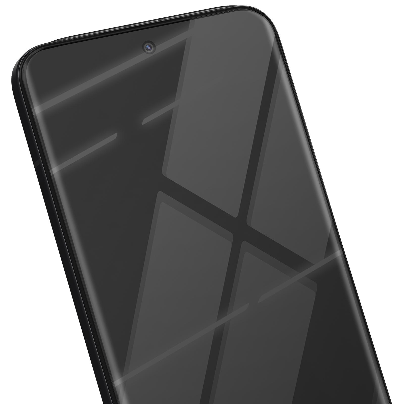 Primo piano di uno smartphone nero con schermo lucido, che riflette la luce, su sfondo bianco.