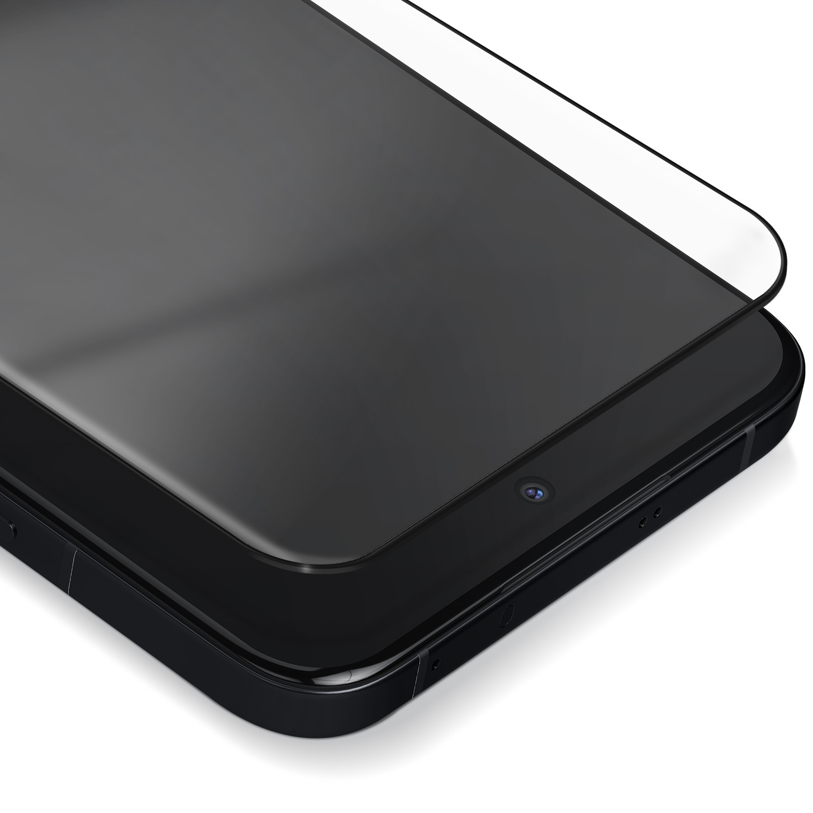 Uno smartphone nero con una protezione per lo schermo. Il telefono ha una fotocamera frontale. La protezione è trasparente.
