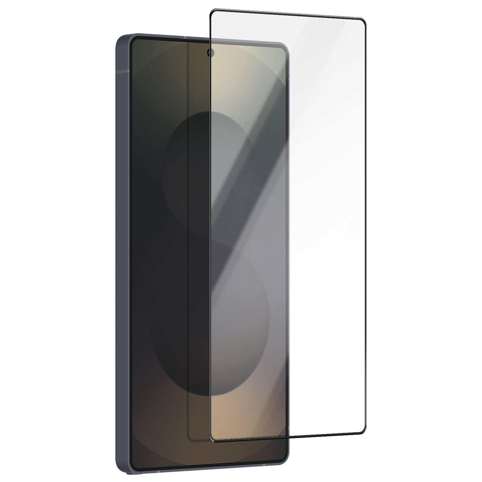 Uno smartphone con una protezione per lo schermo. Il telefono è grigio scuro e la protezione è leggermente sollevata.