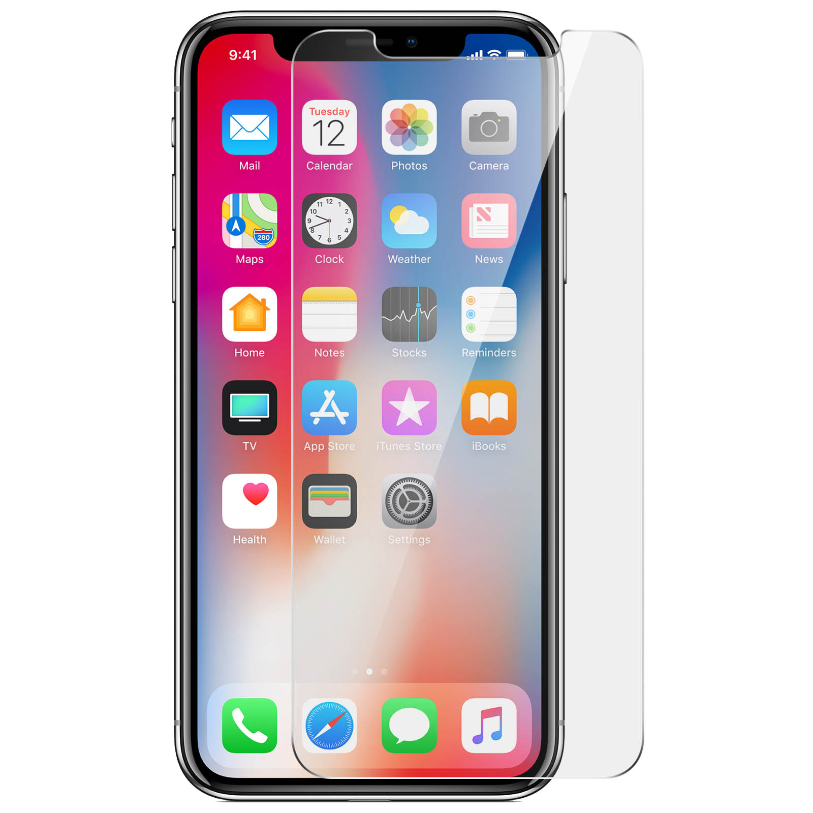 Uno smartphone con protezione schermo mostra icone di app. Il telefono è nero, con una protezione schermo in vetro applicata.
