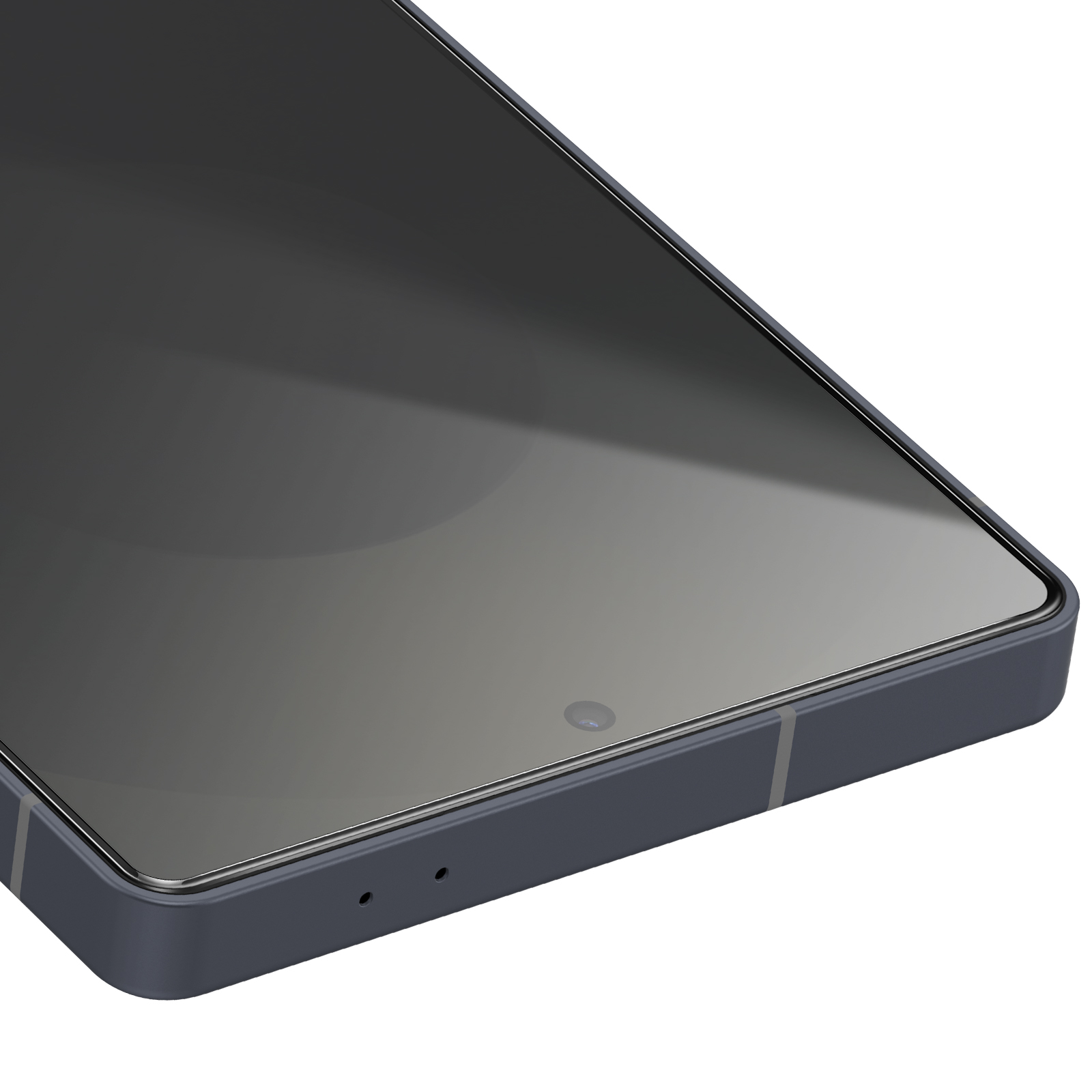 Primo piano di uno smartphone. Il dispositivo ha uno schermo grigio scuro con una fotocamera e una cornice grigia.