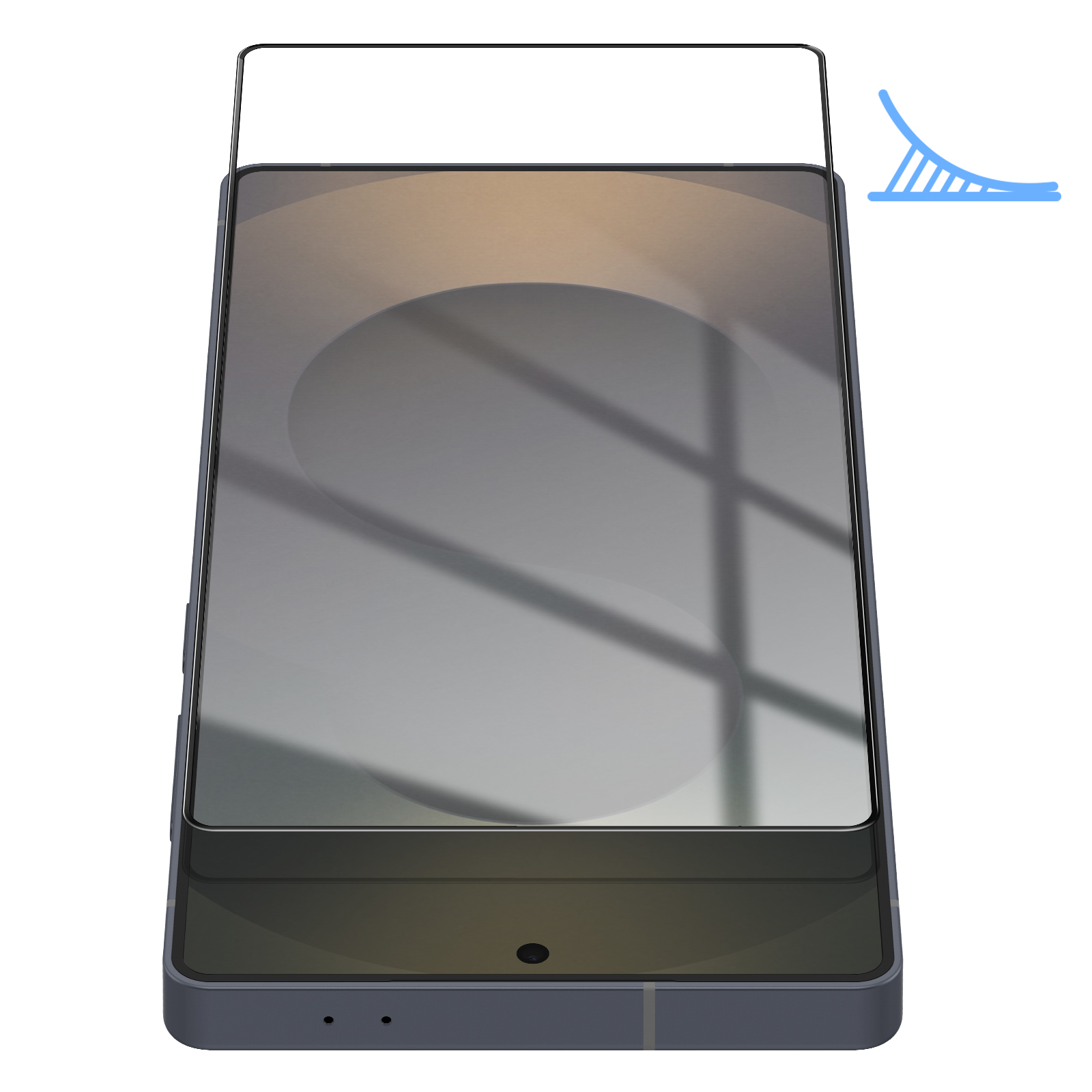 Uno smartphone con protezione schermo, ombra di finestra e un elemento grafico blu su sfondo bianco.