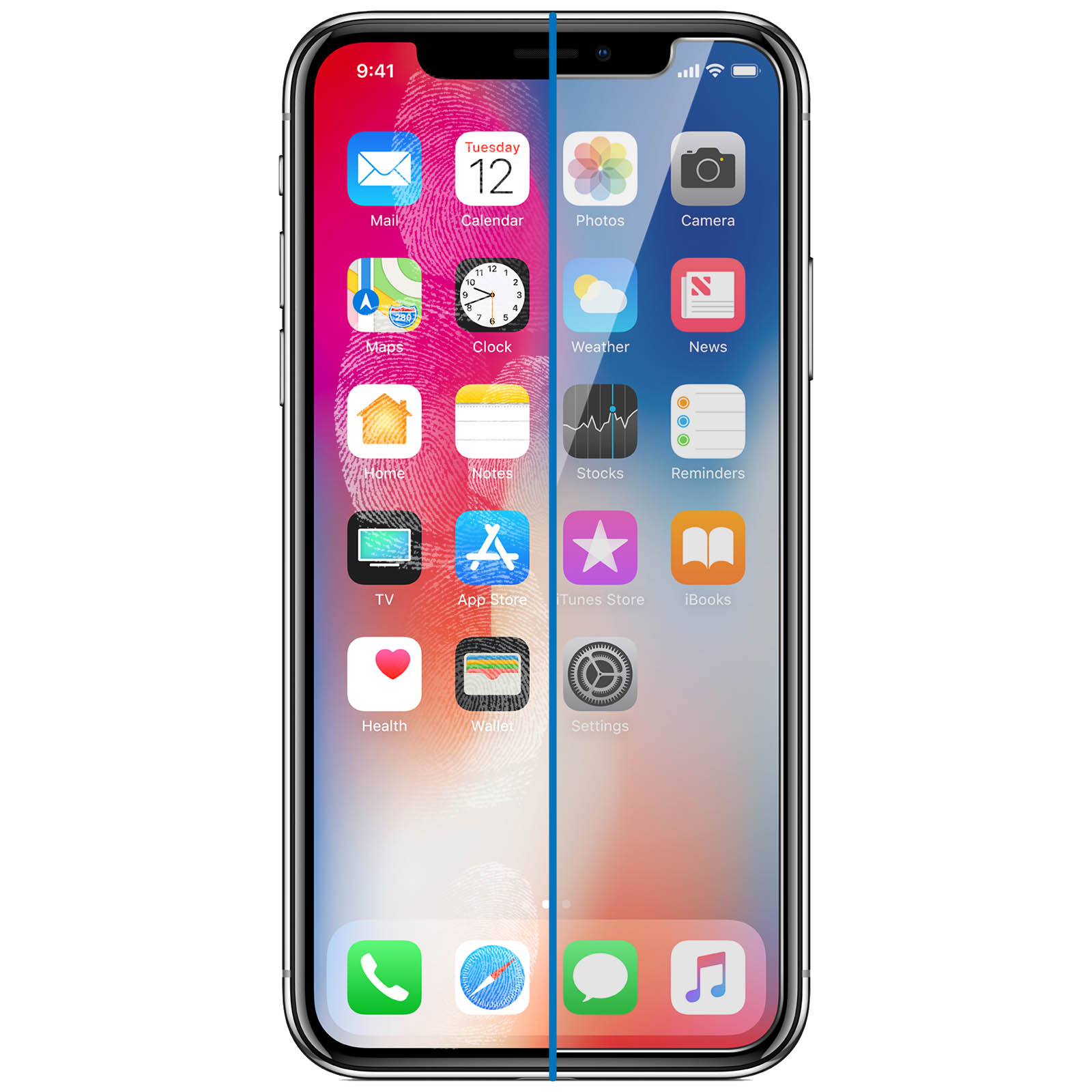 Un iPhone mostra icone di app, tra cui Mail, Calendario, Foto, Fotocamera, Meteo, Borsa e Impostazioni.