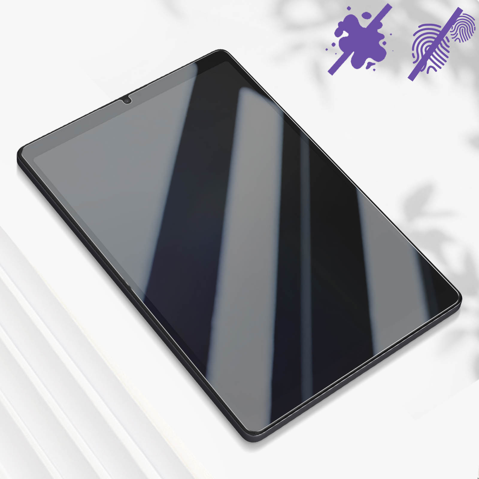 Un tablet con schermo nero, con sfondo bianco. Icone viola di assenza di impronte digitali e macchie in alto a destra.