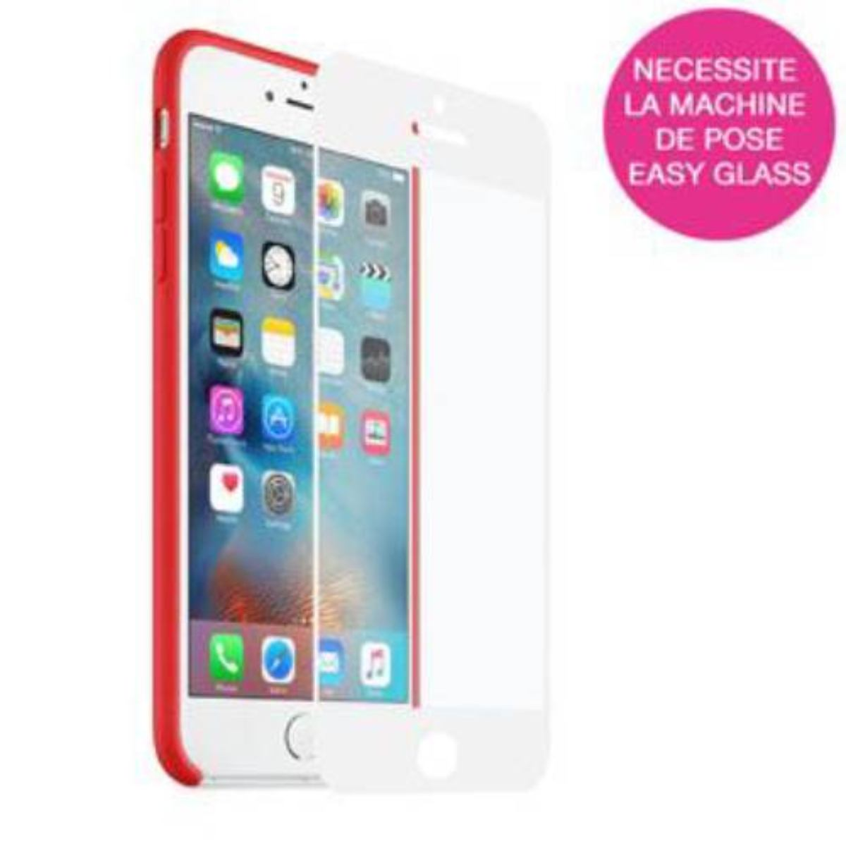 Een iPhone met een rode hoes en schermbeschermer. Een roze cirkel met de tekst 'NECESSITE LA MACHINE DE POSE EASY GLASS' staat rechts.