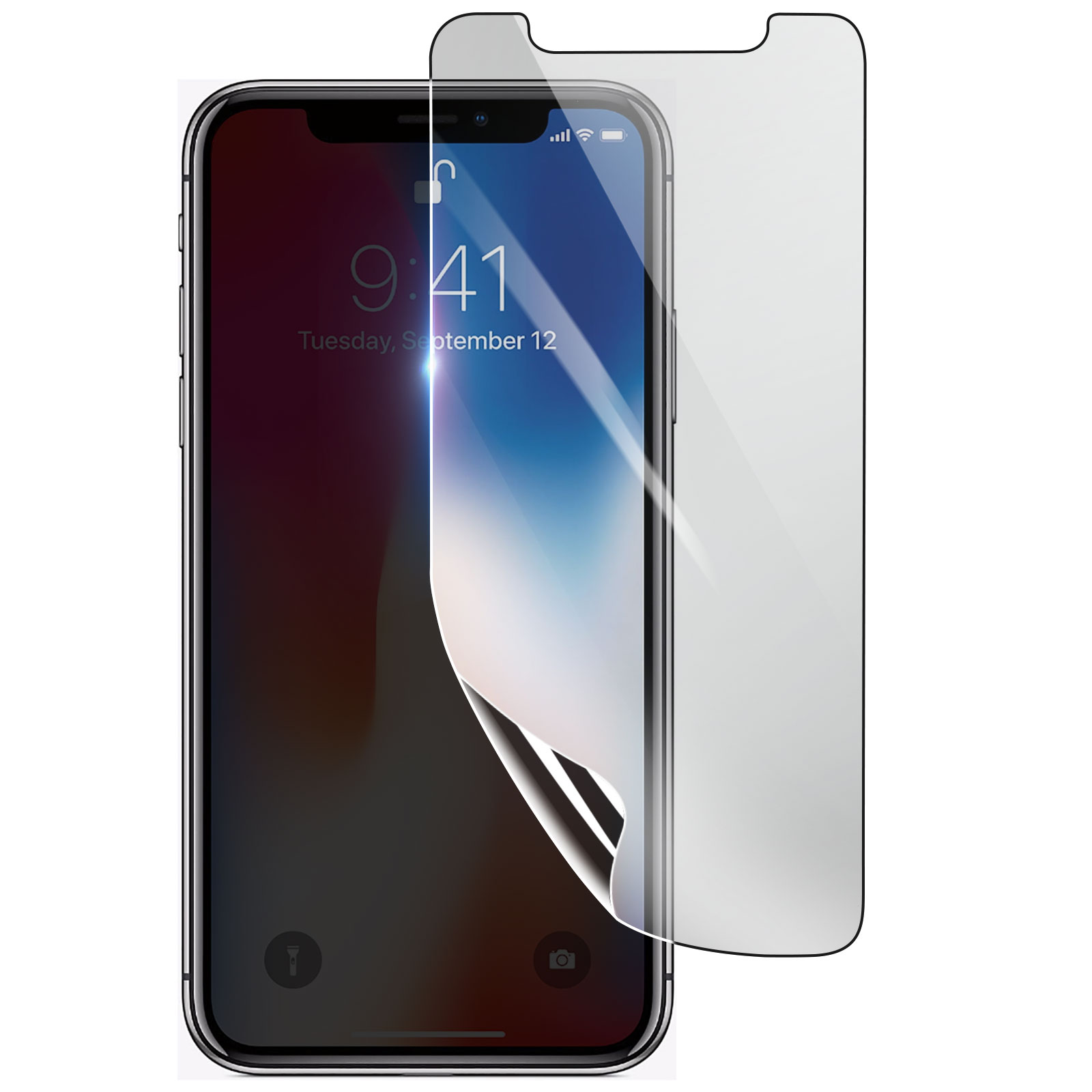Un iPhone con una protezione per lo schermo applicata. Il telefono mostra l'ora e la data. La protezione è parzialmente staccata.