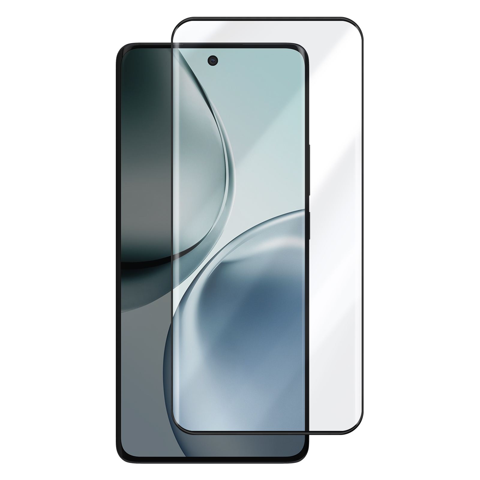 Uno smartphone con una protezione per lo schermo applicata. Lo schermo mostra un design astratto blu chiaro e grigio. La protezione è trasparente.