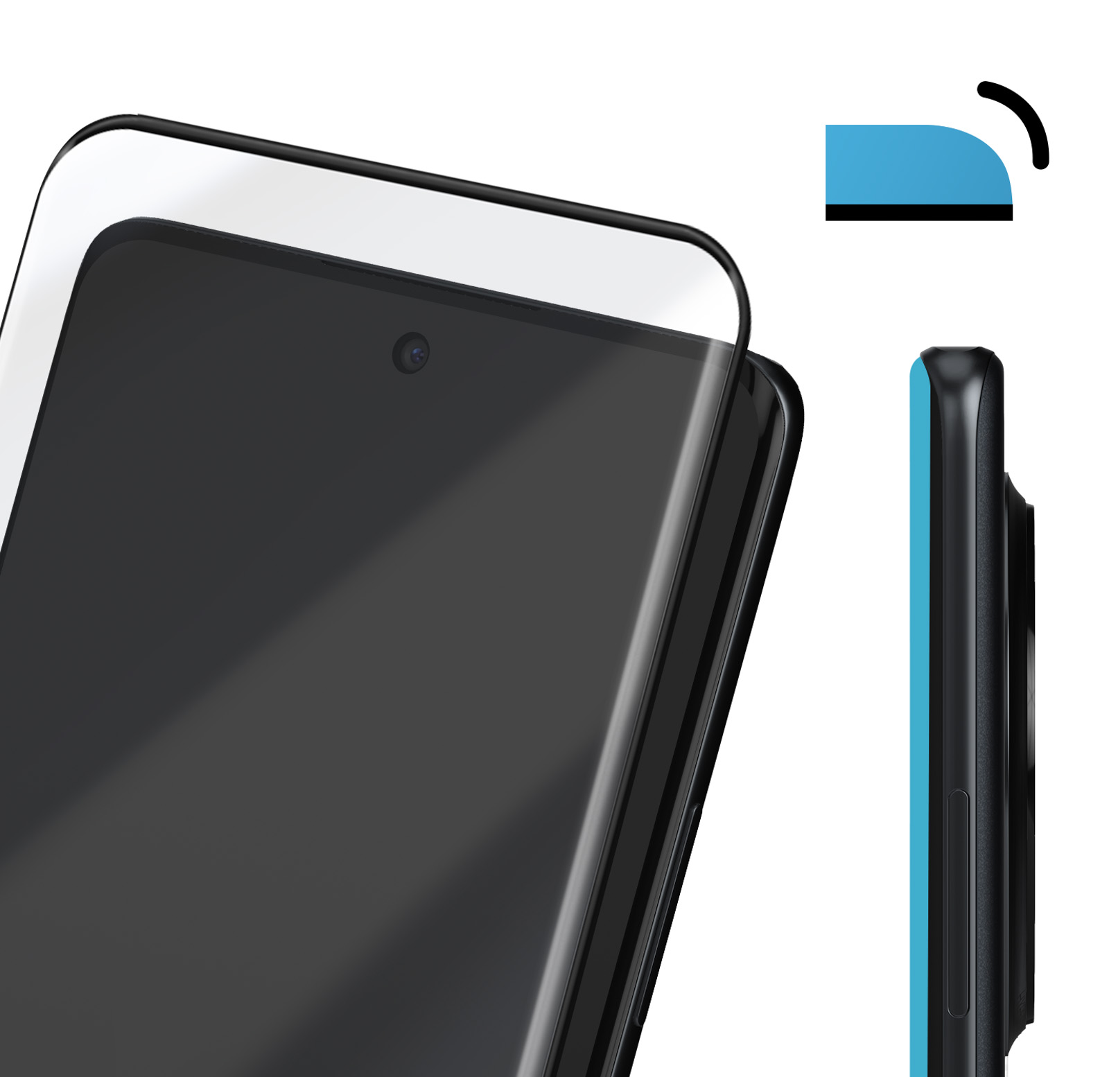 Uno smartphone con una protezione per lo schermo in applicazione. Il telefono è nero, la protezione è trasparente. Viene mostrato un elemento blu.
