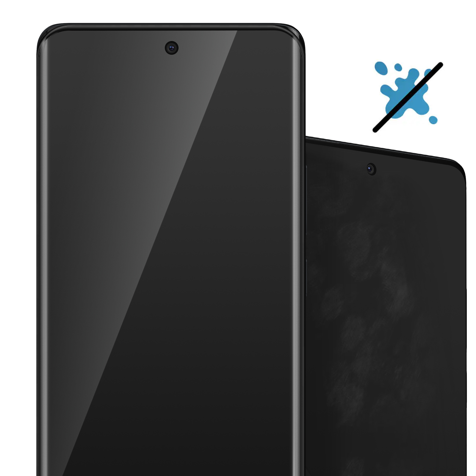 Due smartphone neri, uno a fuoco, con un'icona anti-schizzo. Entrambi i telefoni hanno fotocamere frontali. Lo sfondo è bianco.