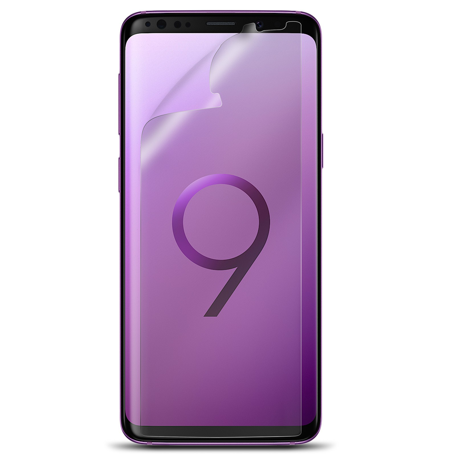 Uno smartphone viola con una protezione per lo schermo che viene rimossa. Il numero 9 è visibile sullo schermo.