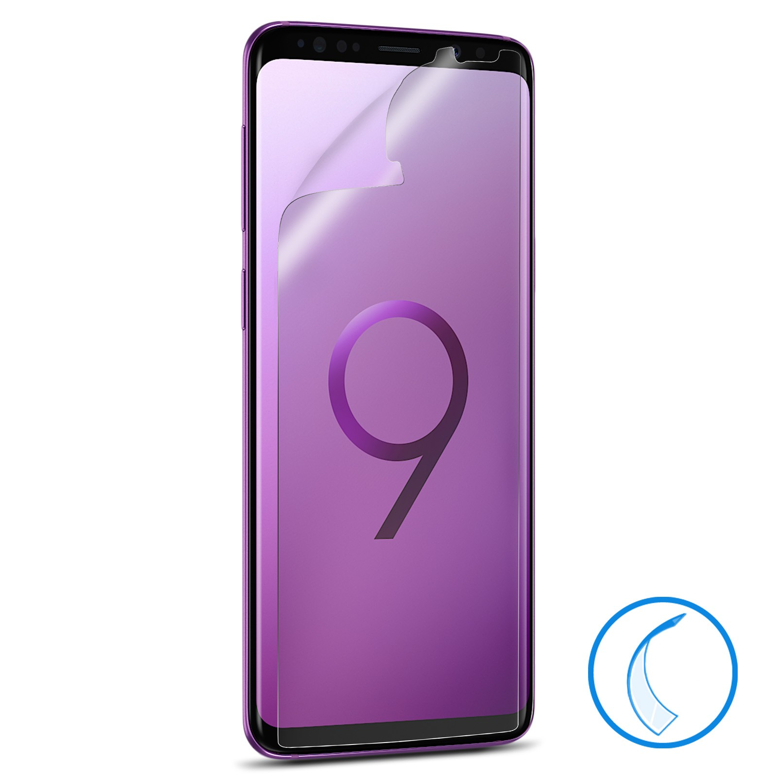 Uno smartphone viola con una protezione per lo schermo applicata. Lo schermo mostra il numero '9'. Un adesivo blu è in basso a destra.