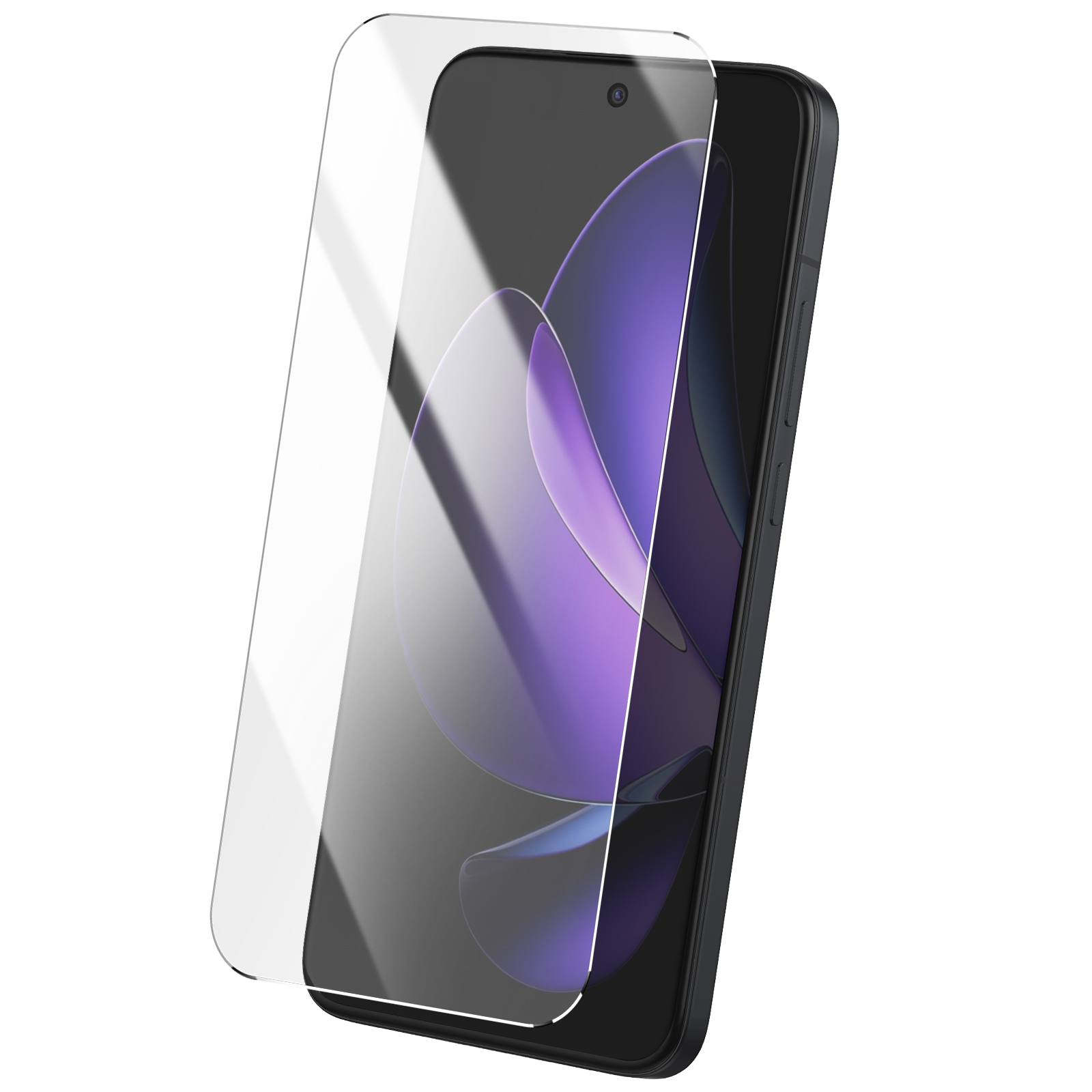 Uno smartphone con una protezione per lo schermo applicata. Il telefono è nero, lo schermo mostra una sfumatura viola. La protezione è trasparente.