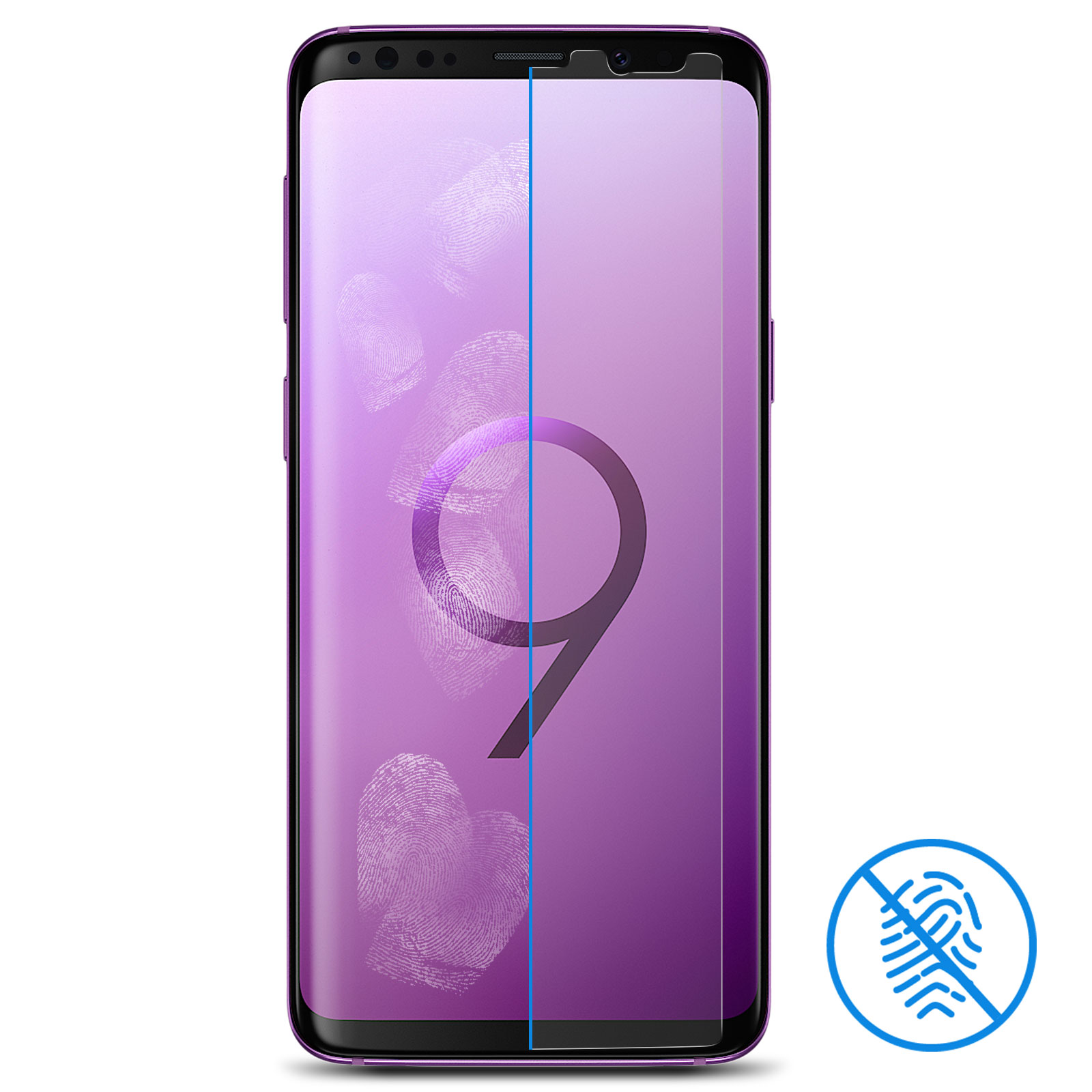 Un telefono viola con una protezione per lo schermo. Lo schermo mostra un grande '9'. Un'icona blu dell'impronta digitale è nell'angolo.
