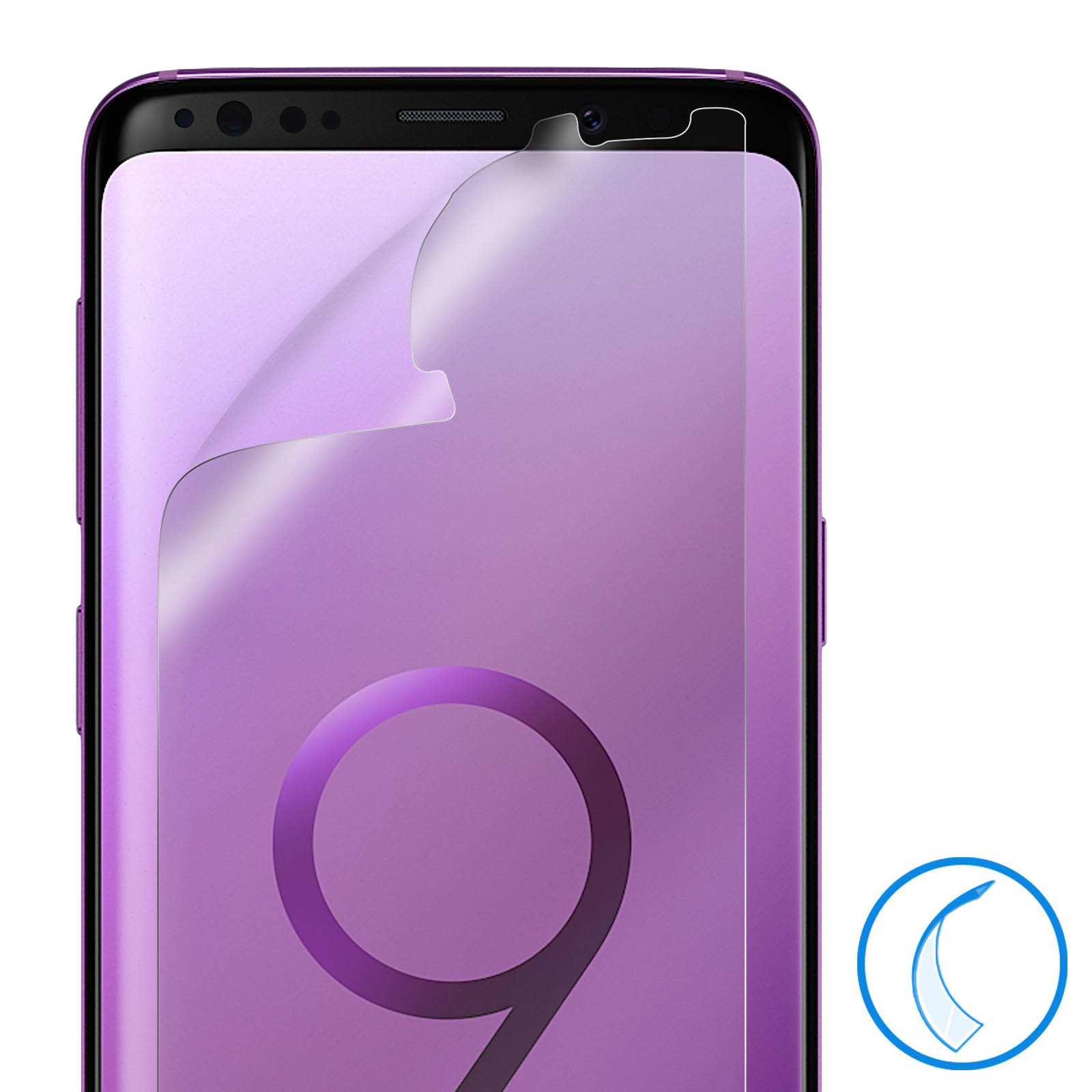 Uno smartphone viola con una protezione per lo schermo in fase di rimozione. La protezione è trasparente. Lo schermo mostra un grande nove.