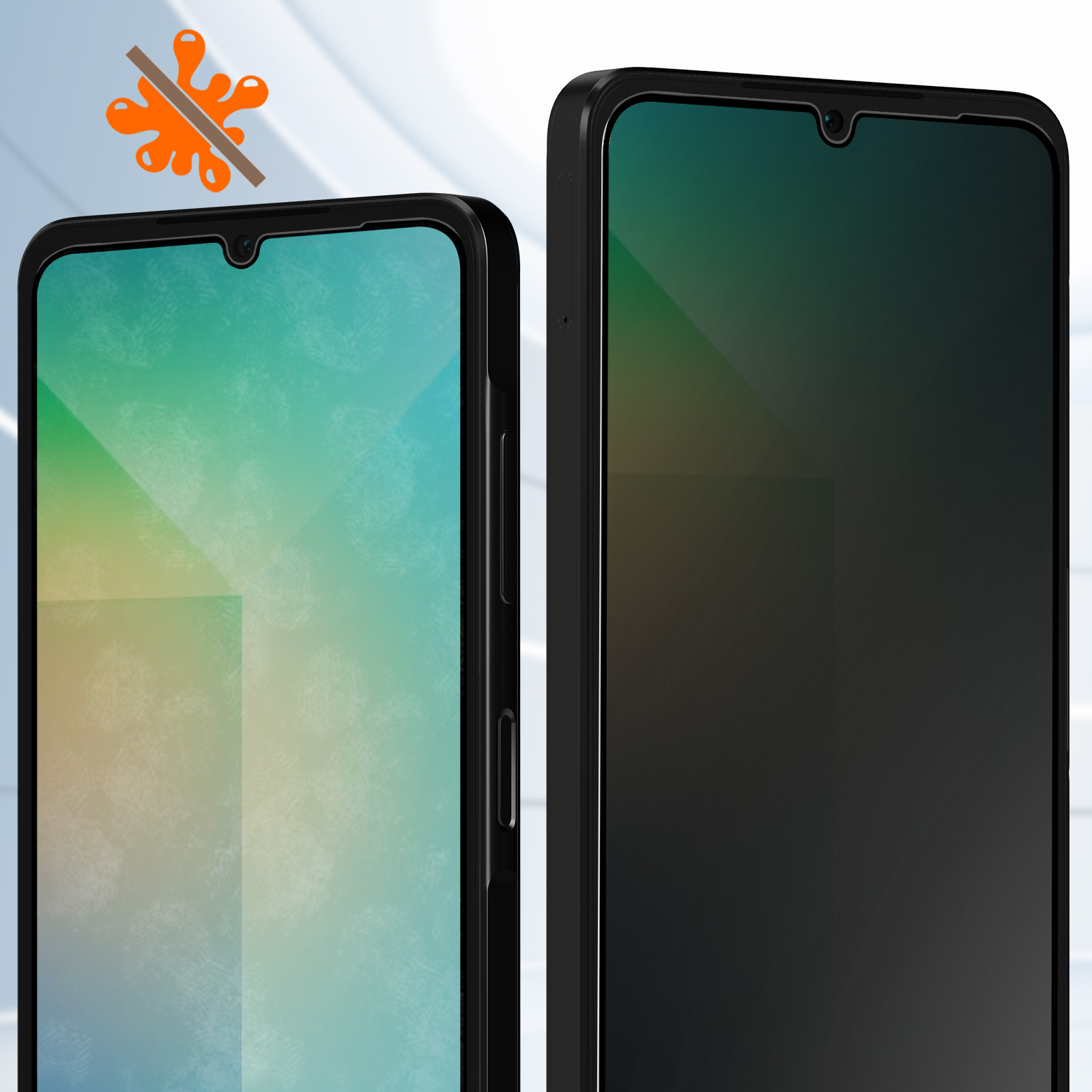 Due smartphone uno accanto all'altro. Uno ha uno schermo verde chiaro, l'altro scuro. C'è uno schizzo arancione con una linea che lo attraversa.