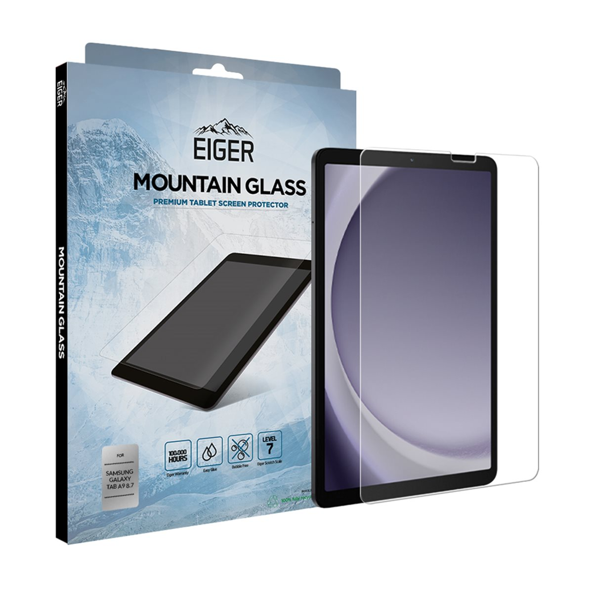 Una scatola per proteggi schermo per tablet con un tablet e un proteggi schermo. La scatola riporta 'Eiger Mountain Glass' e 'Premium Tablet Screen Protector'.