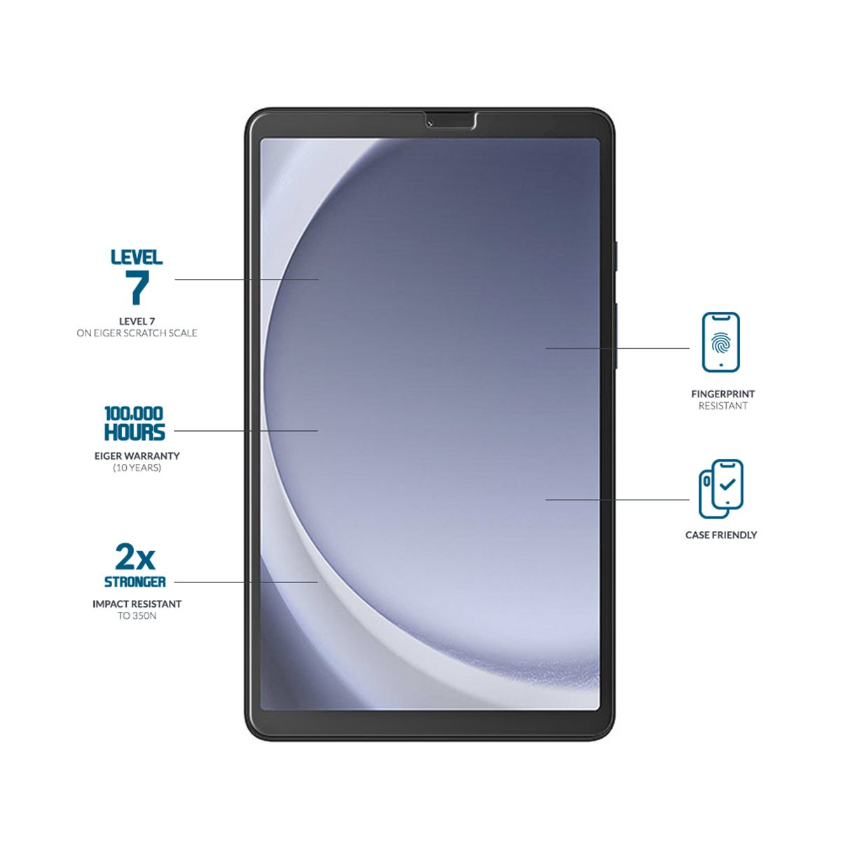 Schermo tablet con caratteristiche: Resistenza ai graffi di livello 7, garanzia di 100.000 ore, resistenza agli urti 2x, resistente alle impronte digitali.