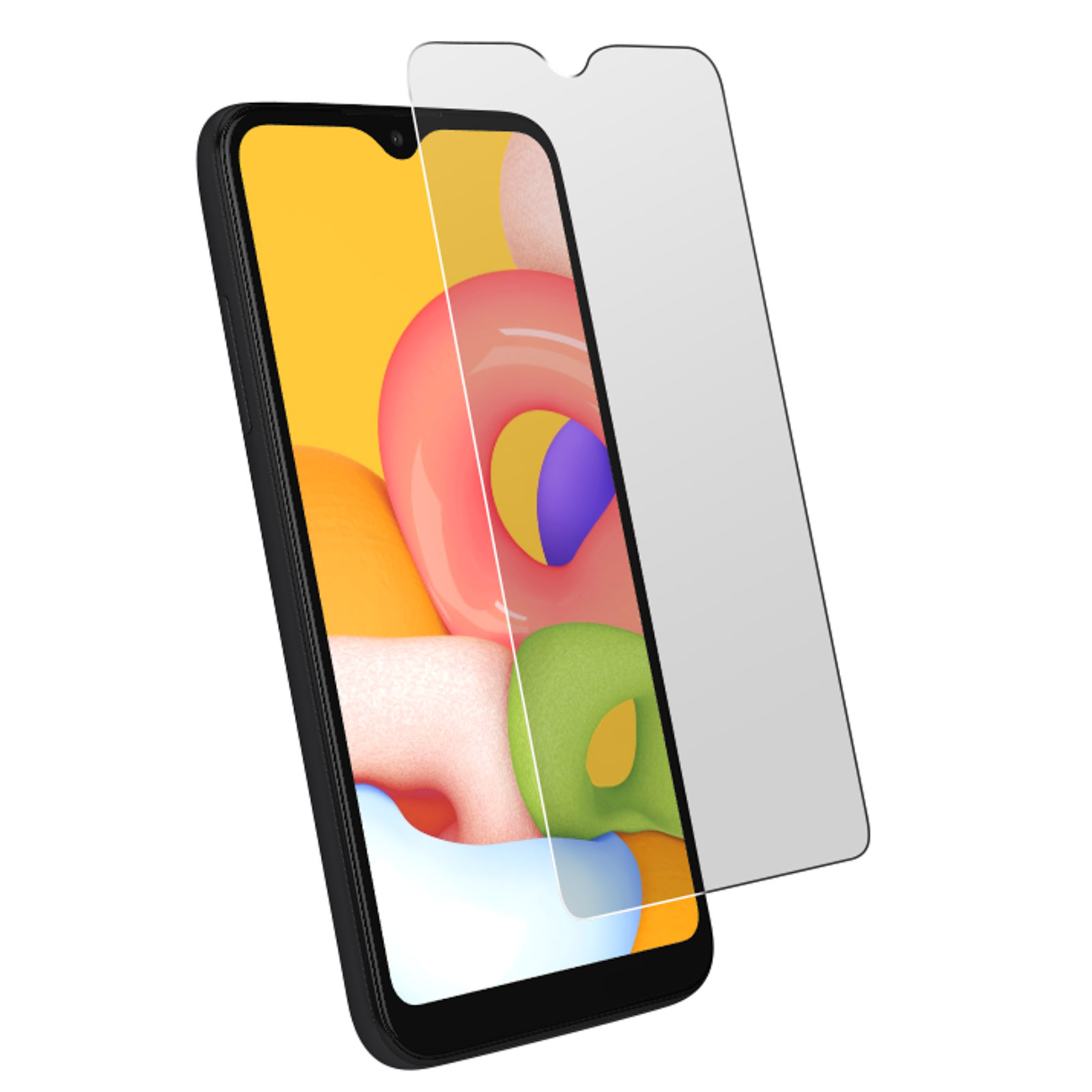 Un smartphone noir avec un protecteur d'écran superposé. L'écran affiche des formes colorées, le protecteur est transparent.