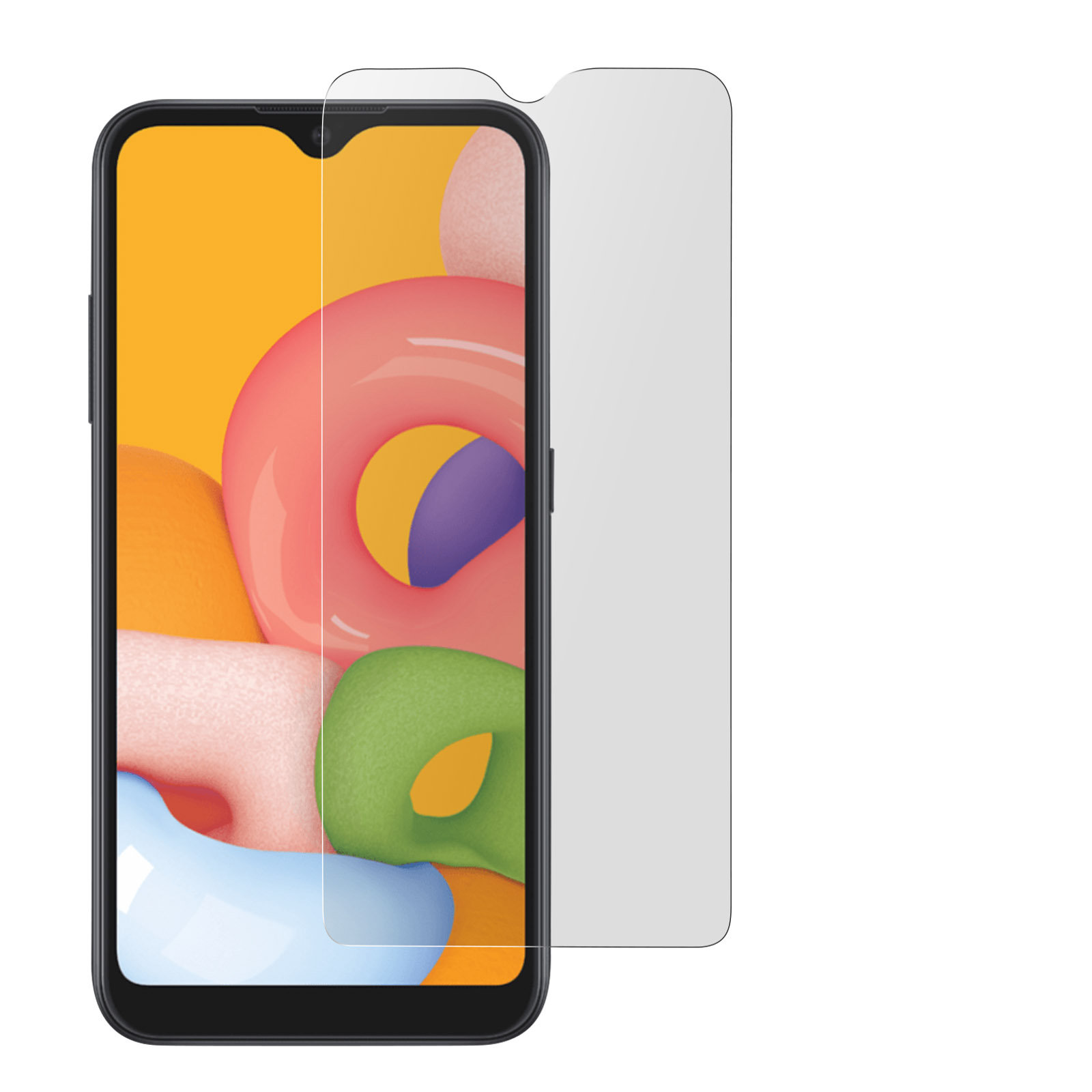 Un smartphone noir avec un protecteur d'écran est affiché. L'écran affiche des formes abstraites roses, vertes et bleues sur fond jaune.