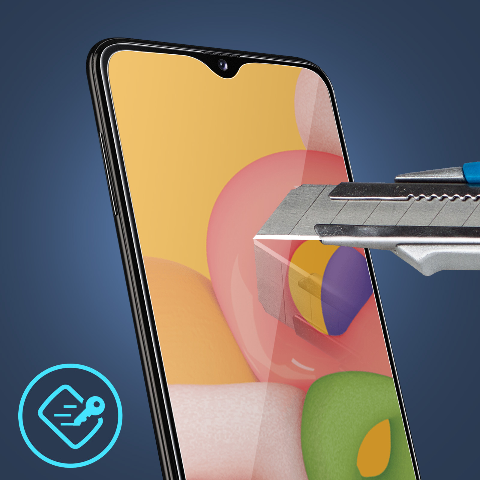 Un smartphone avec un protecteur d'écran coupé par un cutter. Le fond est un dégradé de bleu.