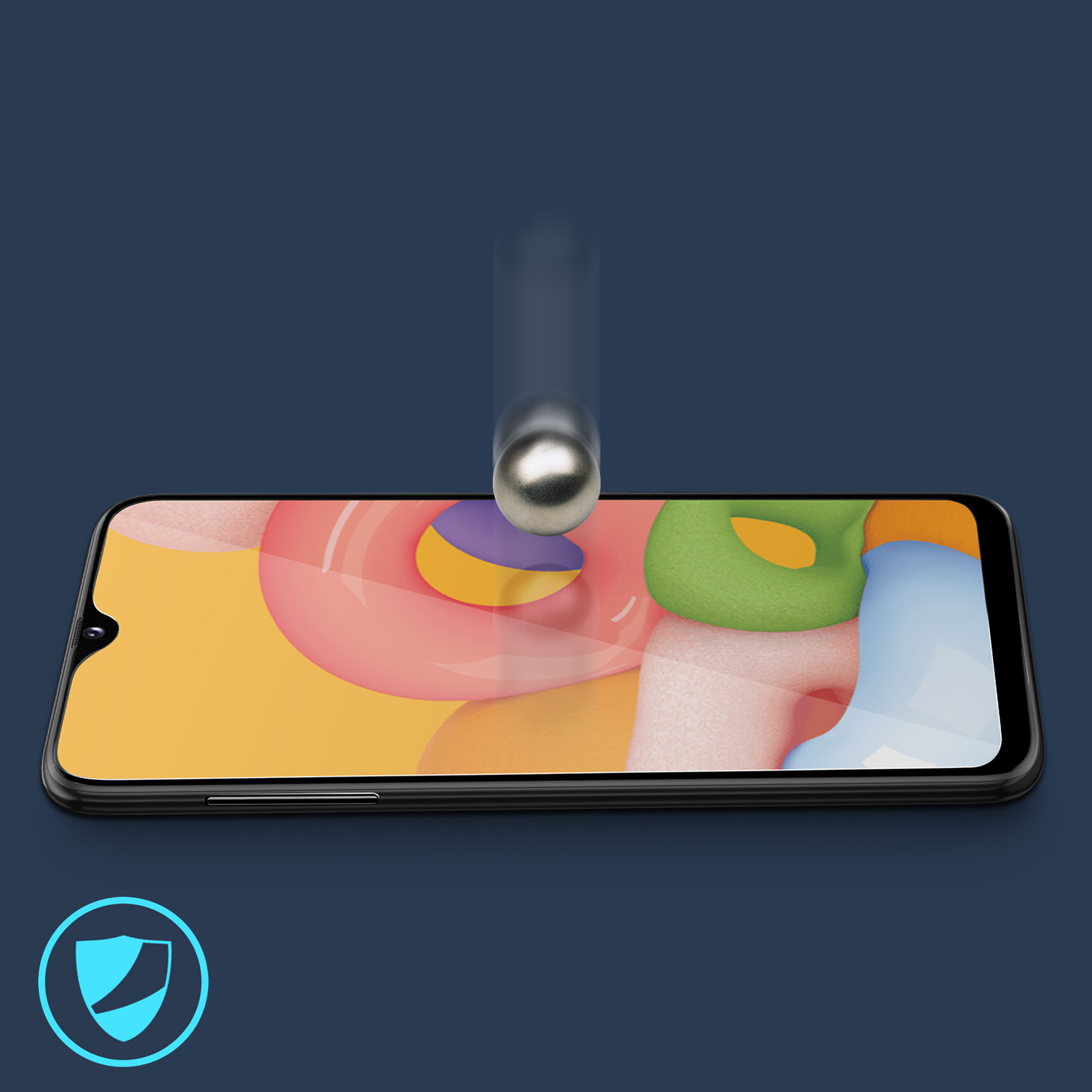 Un téléphone avec des formes colorées à l'écran. Une boule métallique tombe vers l'écran, et une icône de bouclier est dans le coin.