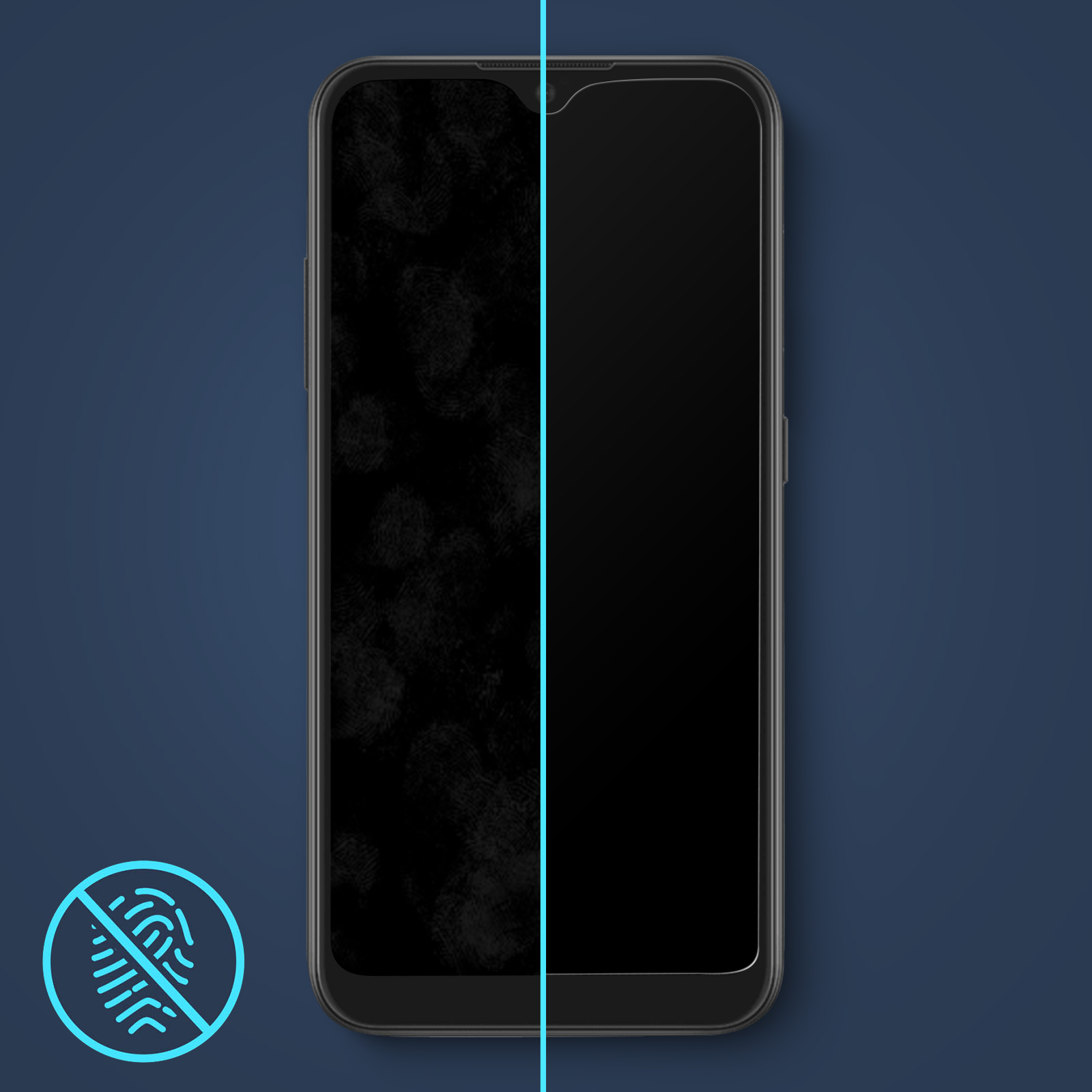 Un smartphone affiche un écran avec des empreintes digitales à gauche et un écran propre à droite. Fond bleu.