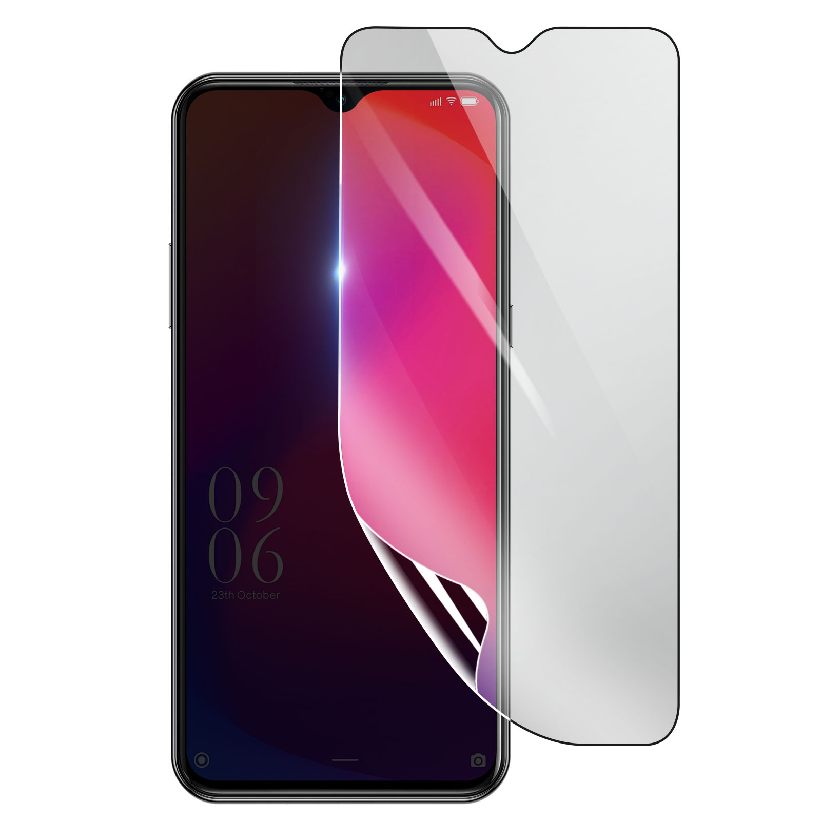 Uno smartphone con una protezione per lo schermo che si sta staccando. Lo schermo mostra data e ora, con una sfumatura rosa e viola.