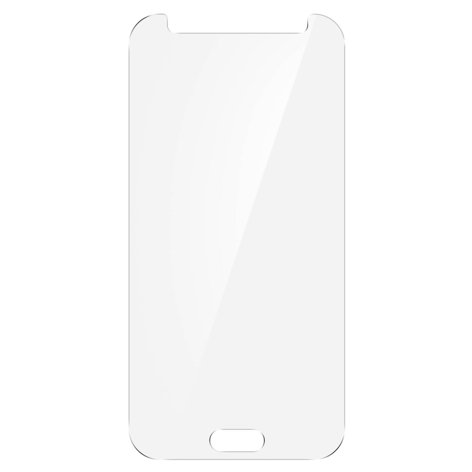 Una protezione schermo trasparente per smartphone. Ha angoli arrotondati, un ritaglio superiore e un'apertura inferiore.