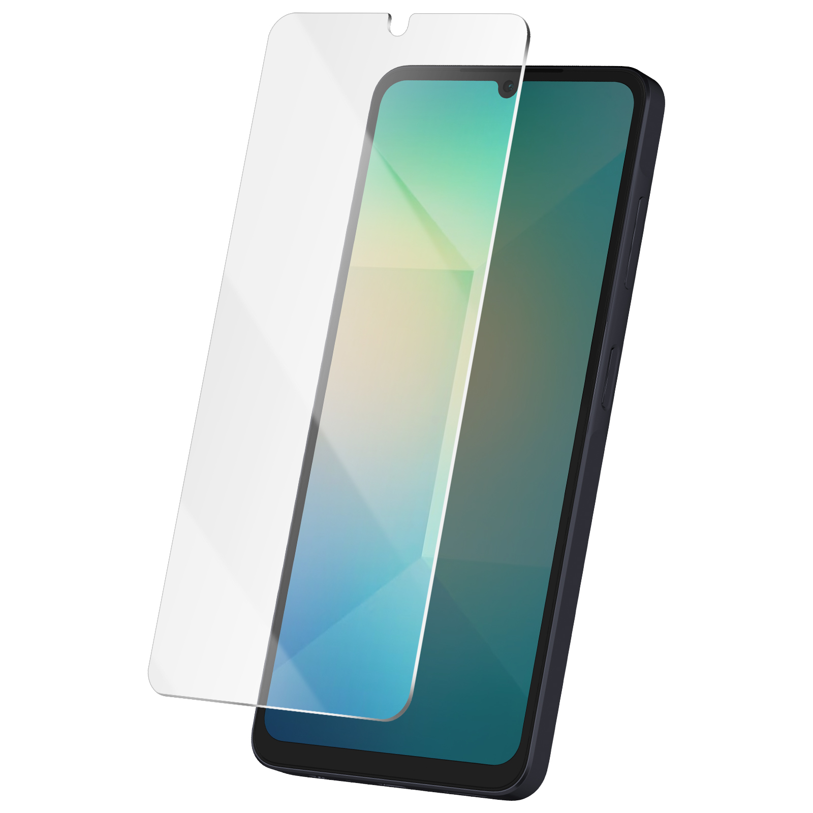 Uno smartphone con una protezione per lo schermo applicata. Il telefono è nero, lo schermo ha una sfumatura e la protezione è trasparente.