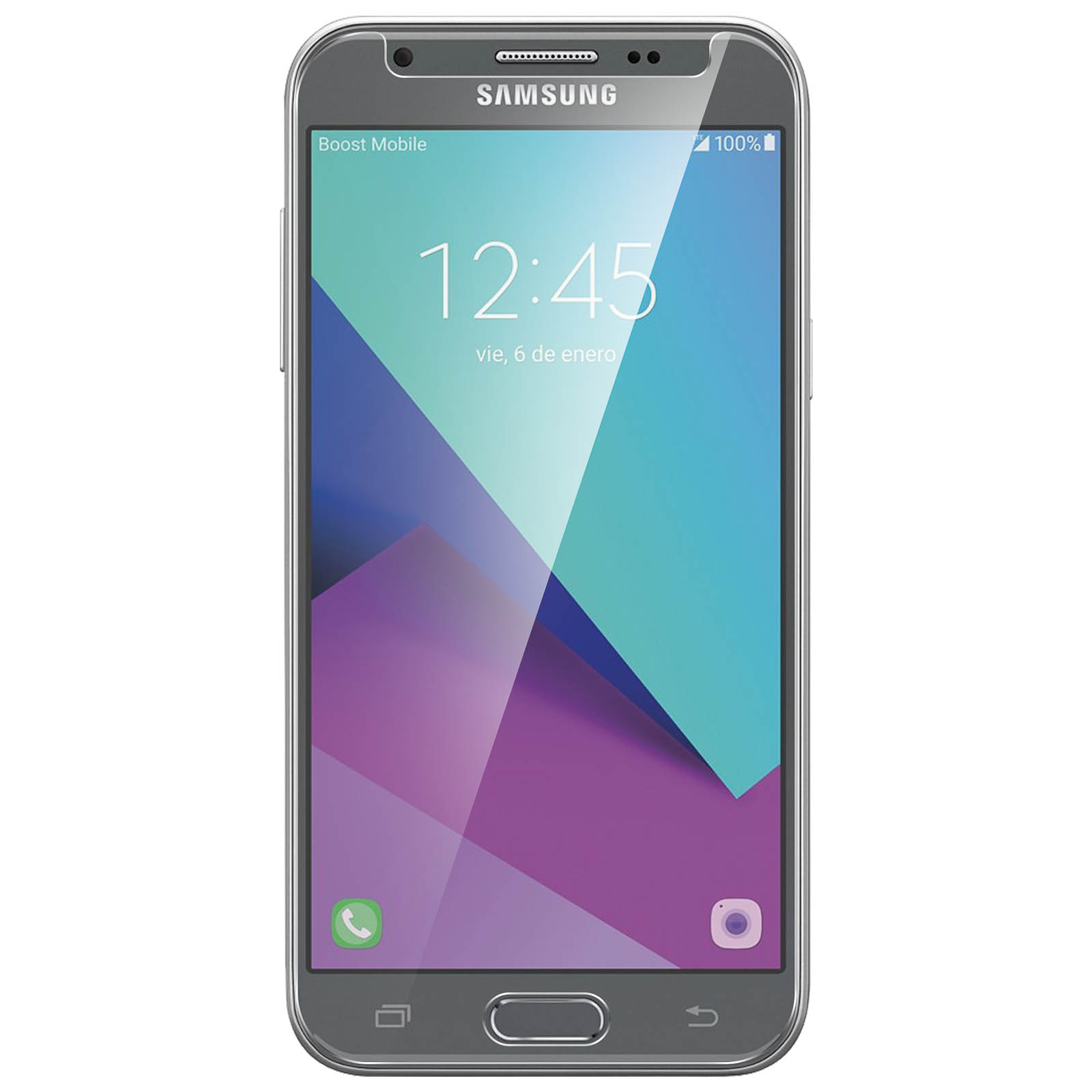 Uno smartphone Samsung mostra l'ora: 12:45. Lo schermo mostra un design astratto e colorato con un'icona del telefono.