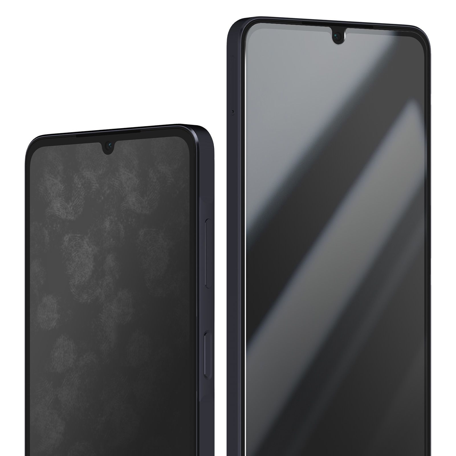 Sono mostrati due smartphone scuri. Uno è più piccolo, con macchie di impronte digitali sullo schermo. L'altro è più grande e pulito.