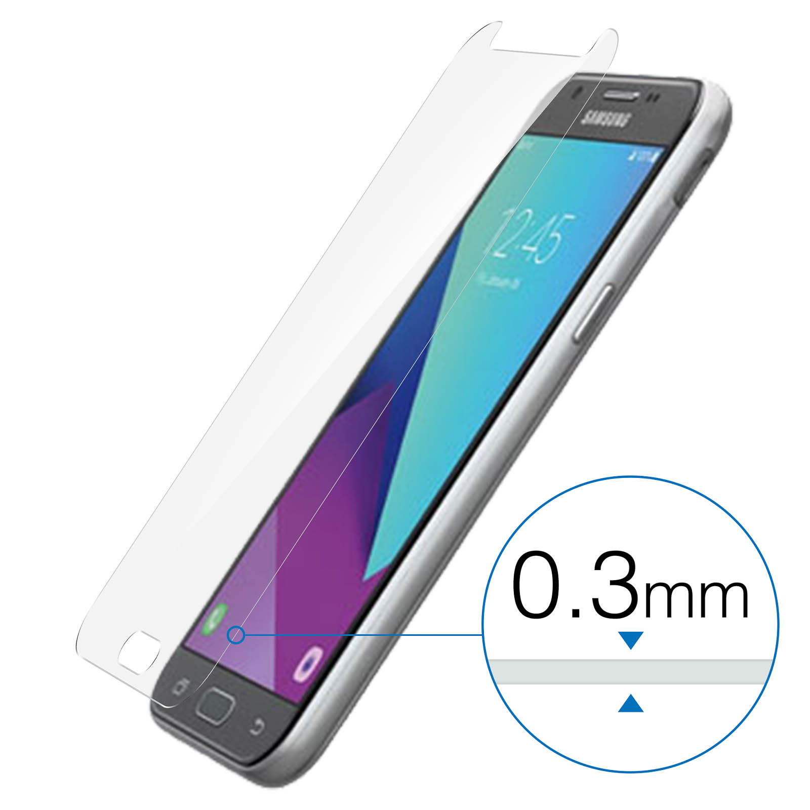 Un telefono con protezione schermo. Lo schermo mostra l'ora. Un cerchio indica lo spessore di 0,3 mm.
