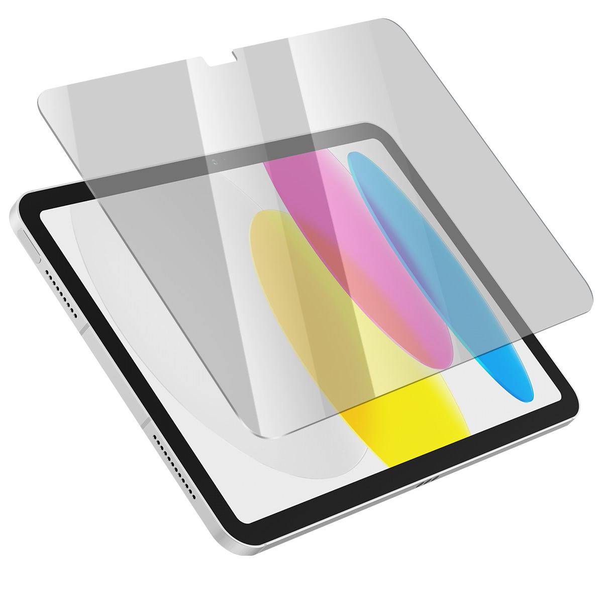 Un iPad con una protezione per lo schermo. Lo schermo mostra forme colorate. La protezione è leggermente sollevata.