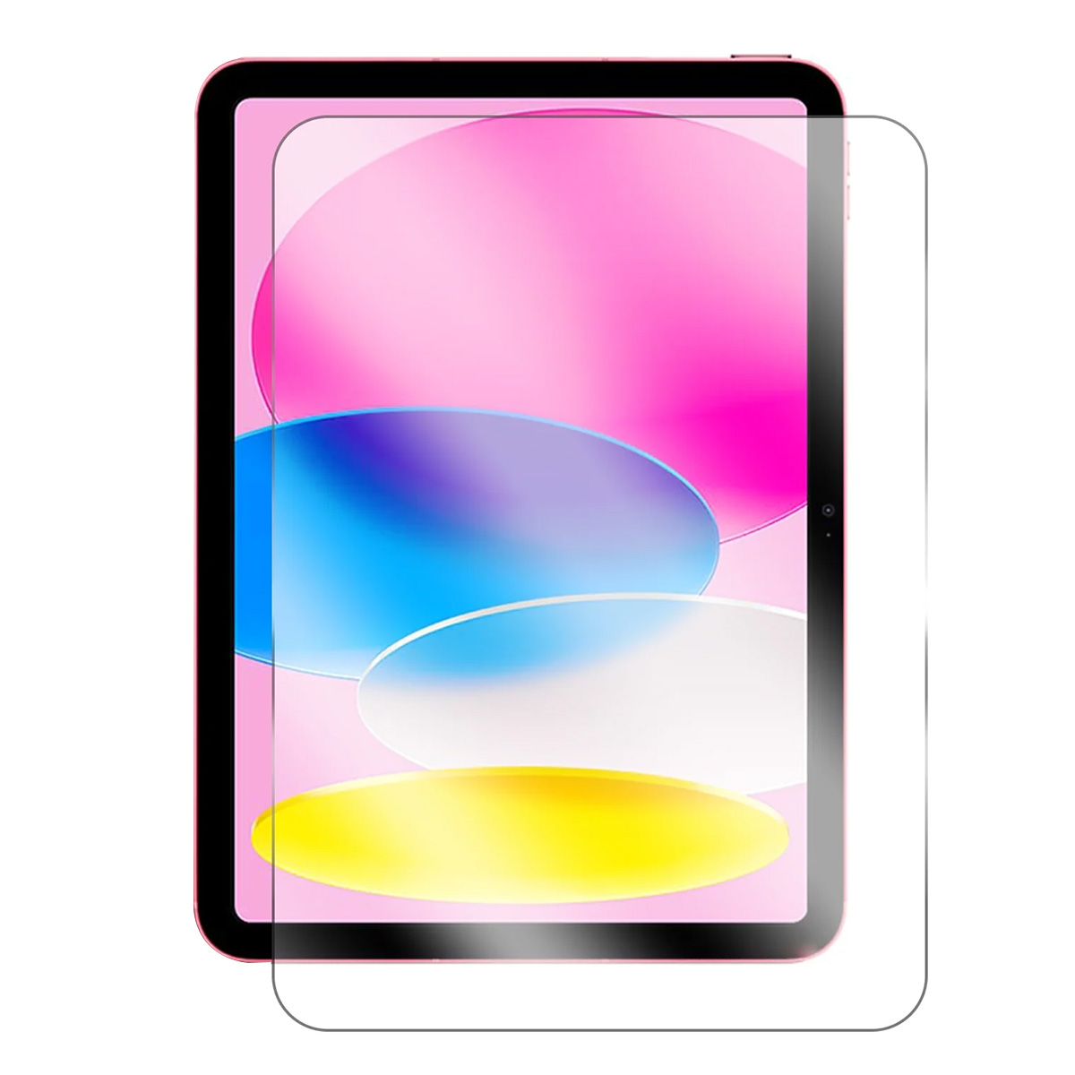 Un tablet rosa con protezione schermo. Lo schermo mostra forme astratte colorate: rosa, blu, bianco e giallo.