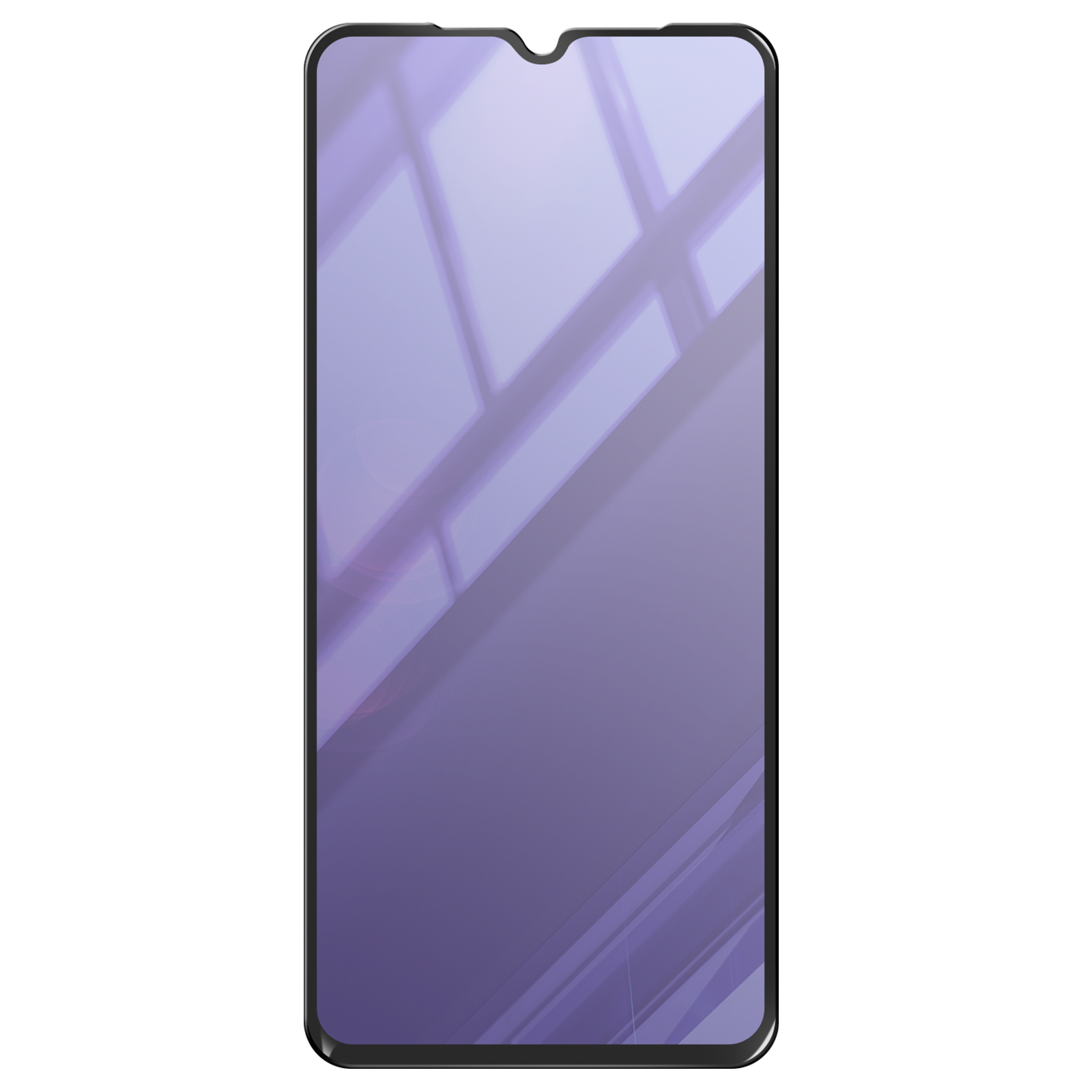 Una protezione per lo schermo del telefono. Il vetro ha una tinta viola. I bordi sono neri. La luce si riflette nel vetro.