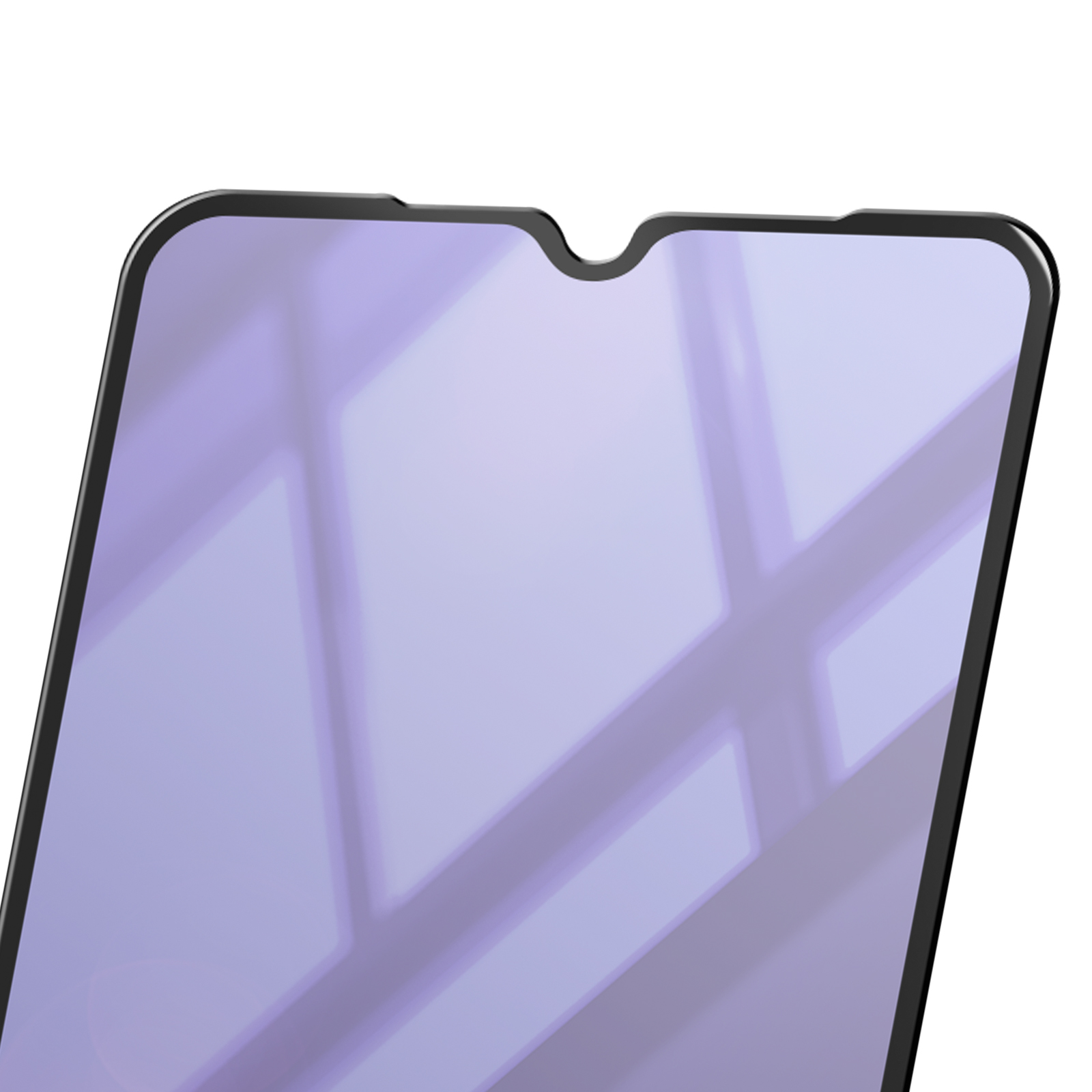 Un proteggi schermo per telefono con cornice nera e superficie lilla chiaro. Sono visibili motivi di luce riflettente.