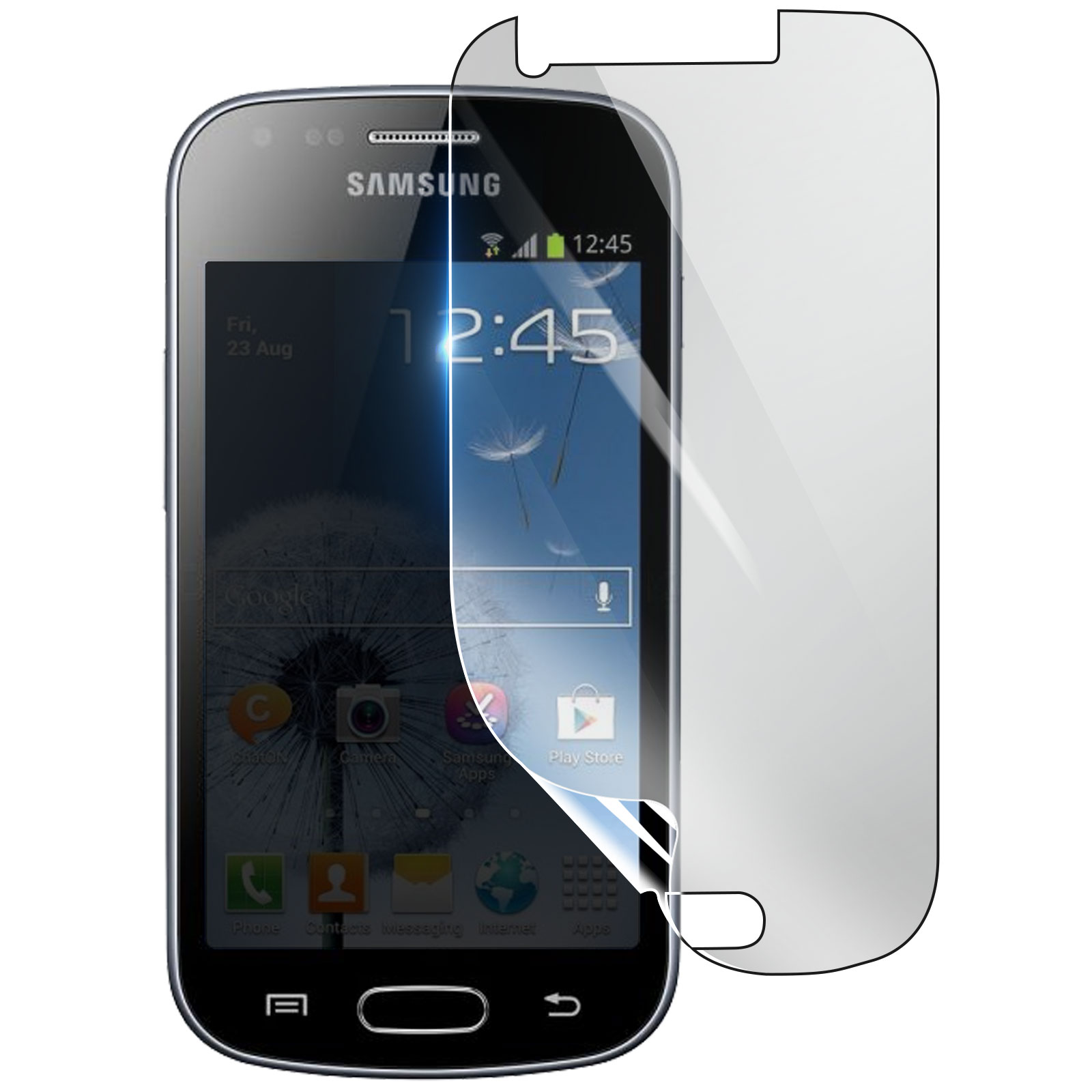Un telefono Samsung con protezione schermo. Lo schermo mostra ora, data e icone app. La protezione è trasparente.