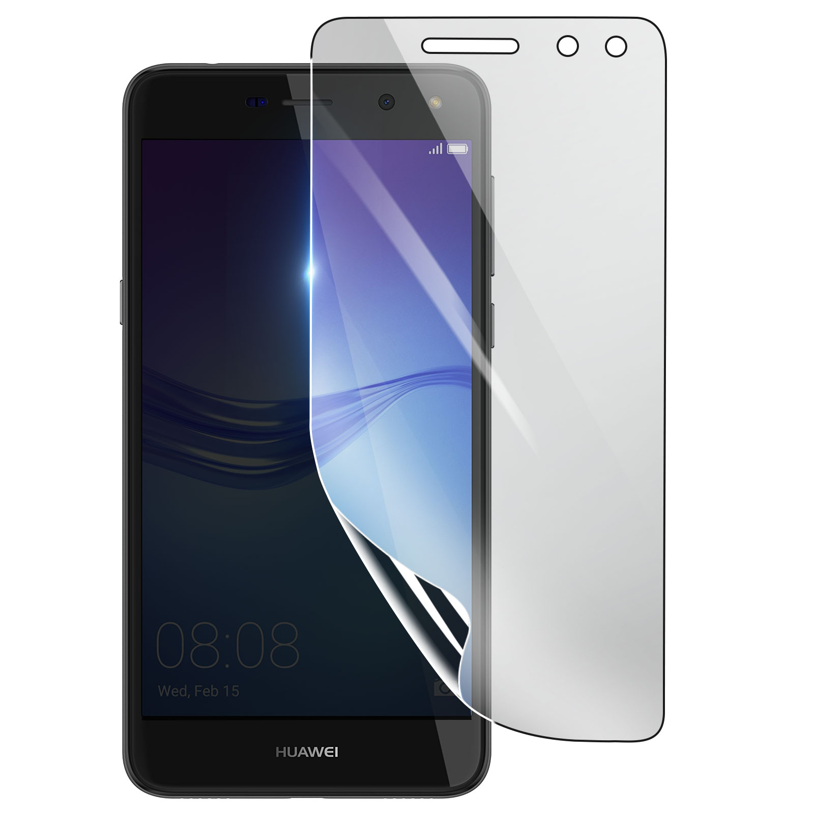 Un telefono Huawei nero con protezione schermo. Lo schermo mostra l'ora. Sfondo bianco.