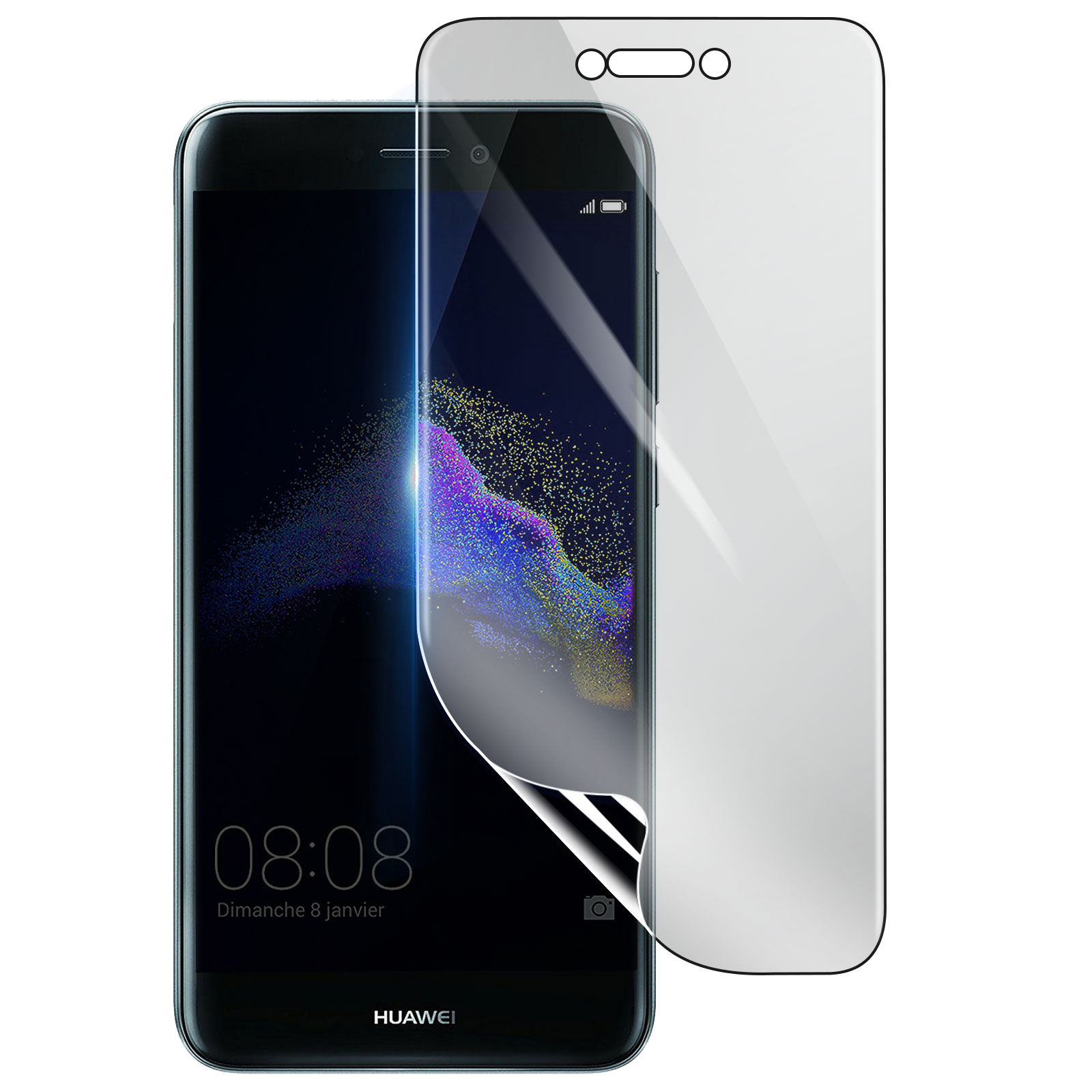 Un teléfono Huawei con protector de pantalla. El teléfono muestra la hora y la fecha. El protector está parcialmente despegado.