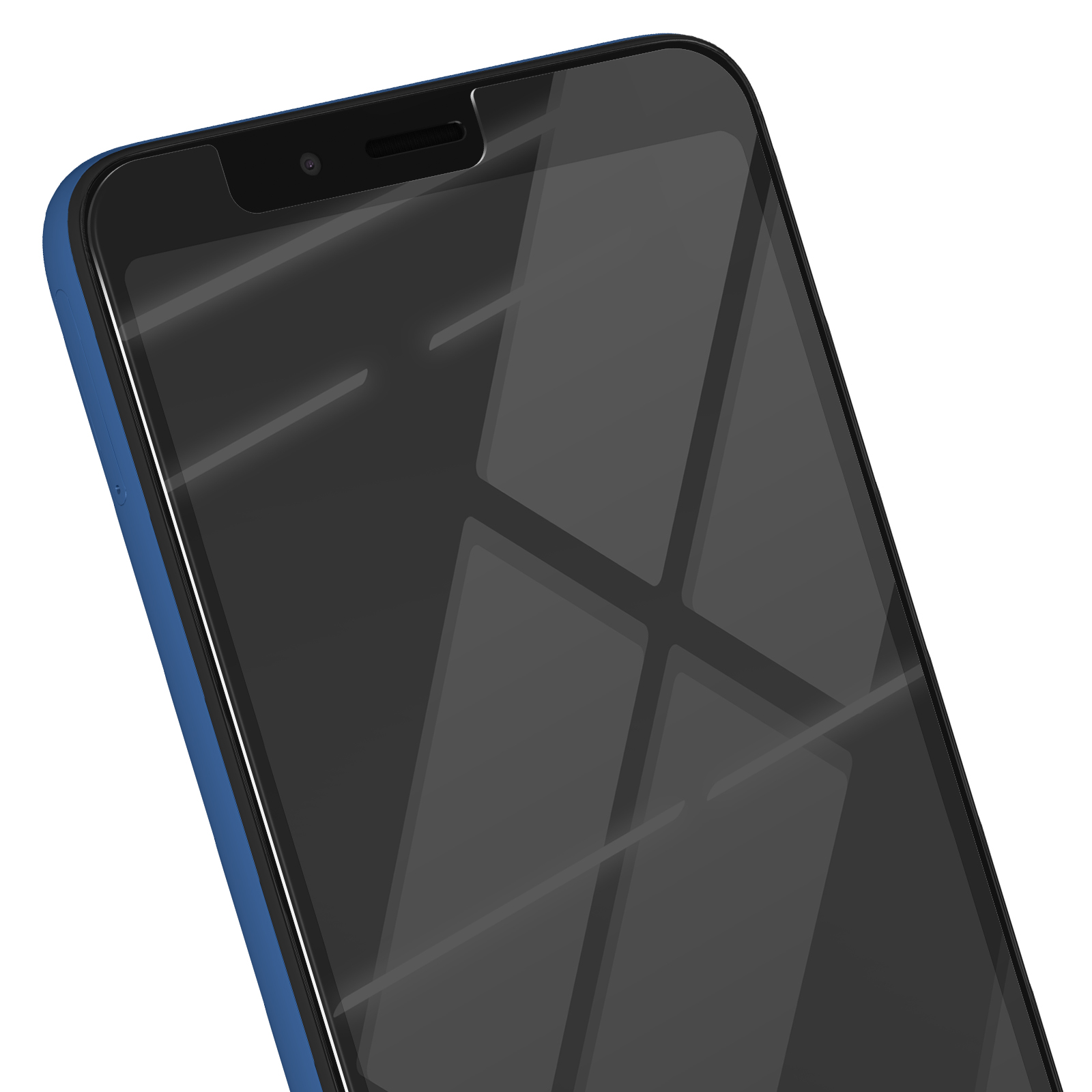 Primo piano di uno smartphone. Cornice blu, schermo nero con riflessi e fotocamera in alto. Sfondo bianco.