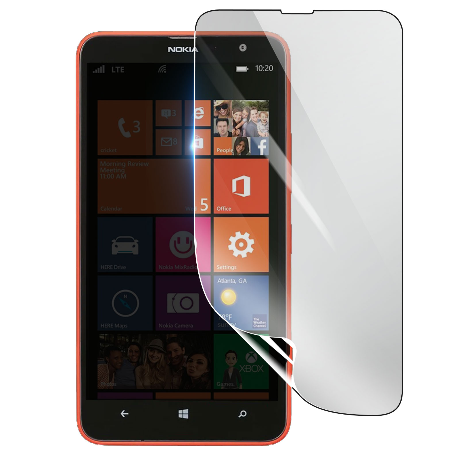 Teléfono Nokia con protector de pantalla. Aplicaciones visibles: Cricket, People, Office y Configuración. Borde naranja.