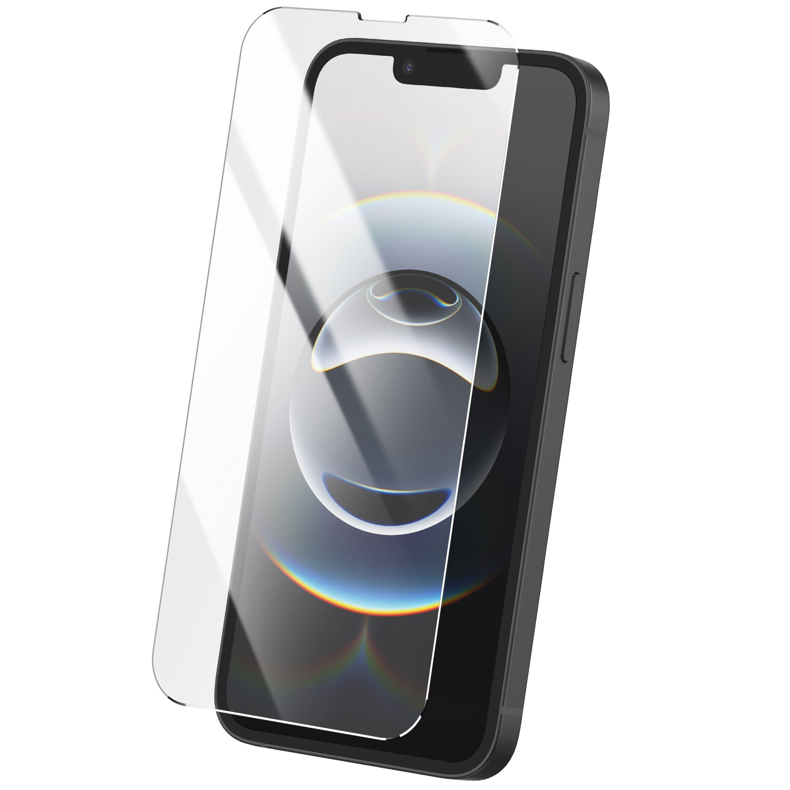 Uno smartphone nero con una protezione per lo schermo applicata. La protezione per lo schermo è trasparente. Il telefono è su sfondo bianco.