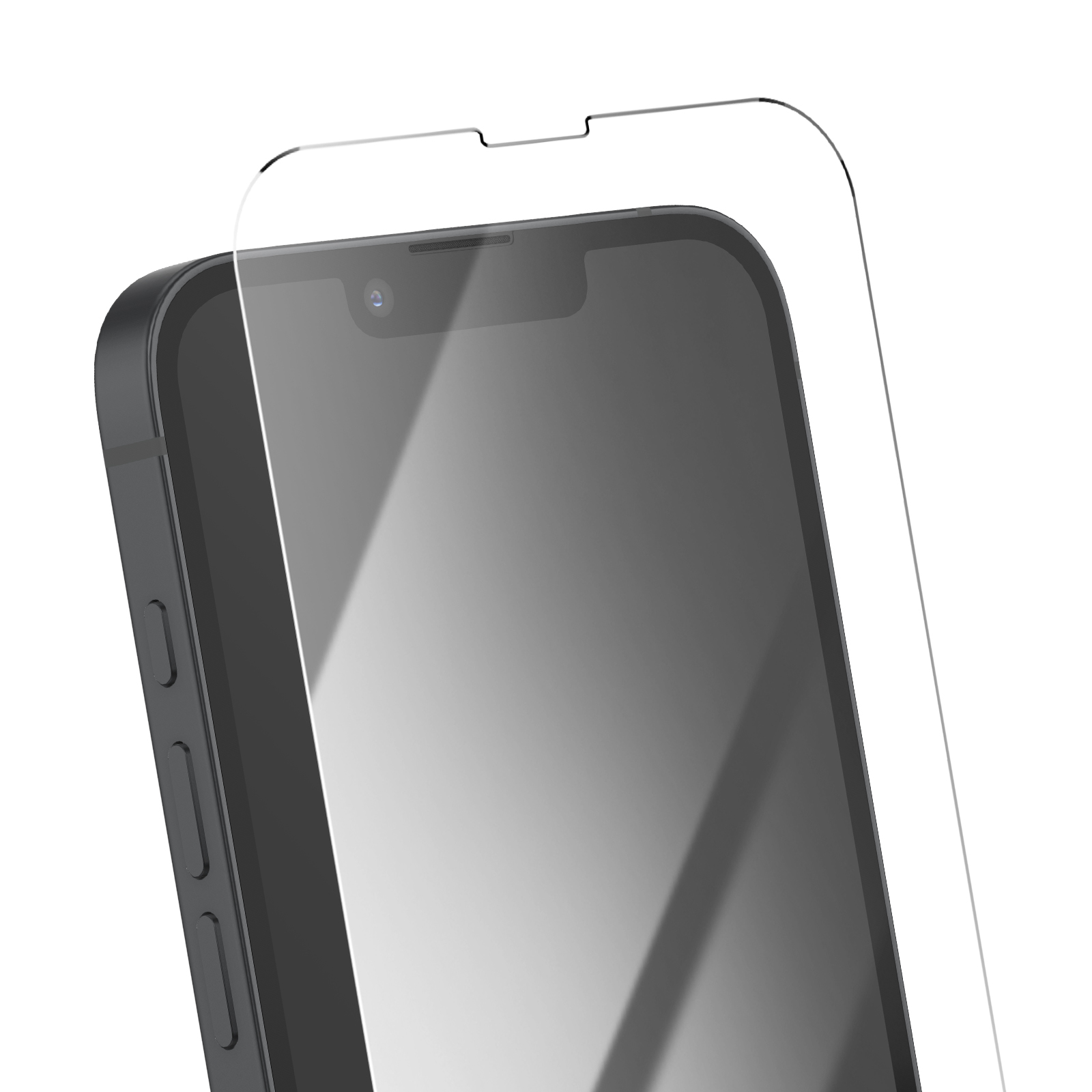 Primo piano di uno smartphone nero con protezione schermo applicata. La protezione è trasparente. Sfondo bianco.