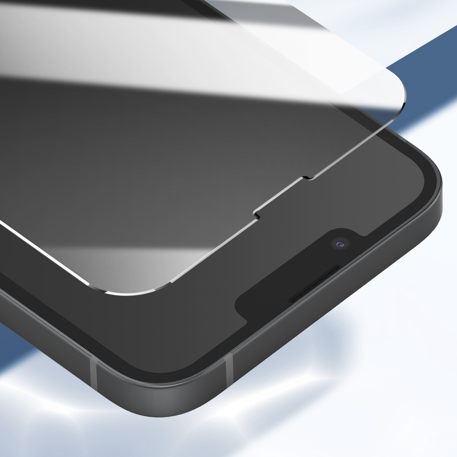 Uno smartphone con una protezione per lo schermo applicata. Il telefono è grigio scuro e la protezione è trasparente. Lo sfondo è sfumato.