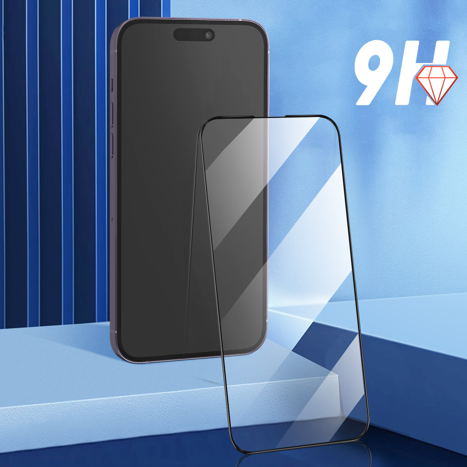Uno smartphone e una protezione schermo sono esposti. La scena ha uno sfondo blu con un simbolo diamante 9H.